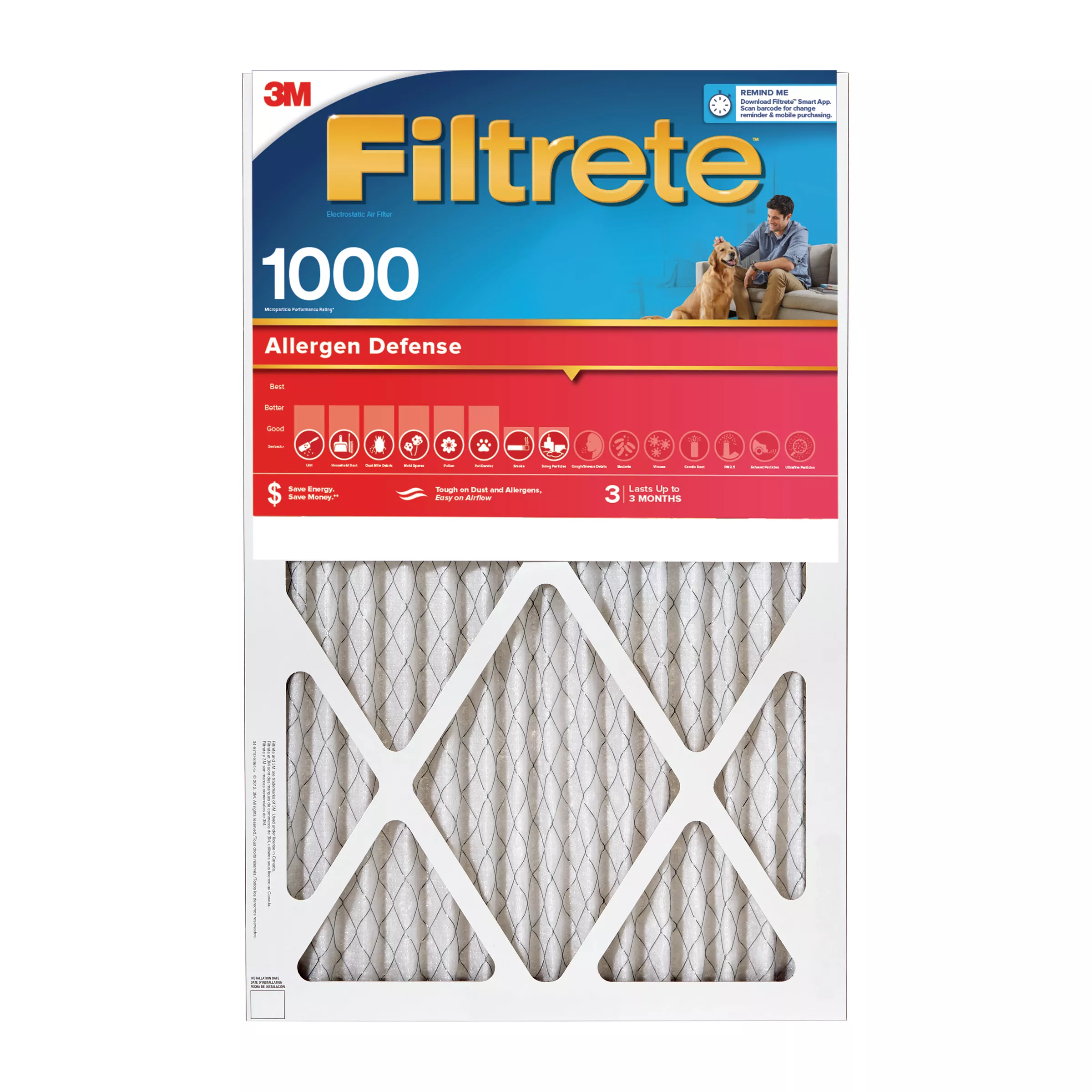 Filtrete™ Allergen Defense Air Filter, 1000 MPR, 9848-4, 14 in x 18 in x
1 in (35,5 cm x 45,7 cm x 2,5 cm)
