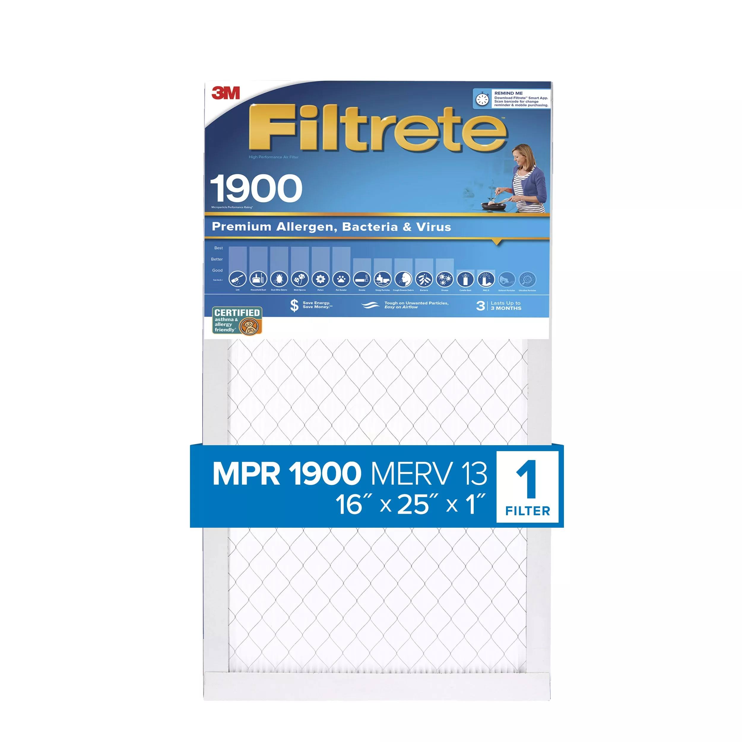 Filtrete™ High Performance Air Filter 1900 MPR UA01-4, 16 in x 25 in x 1 in (40.6 cm x 63.5 cm x 2.5 cm)