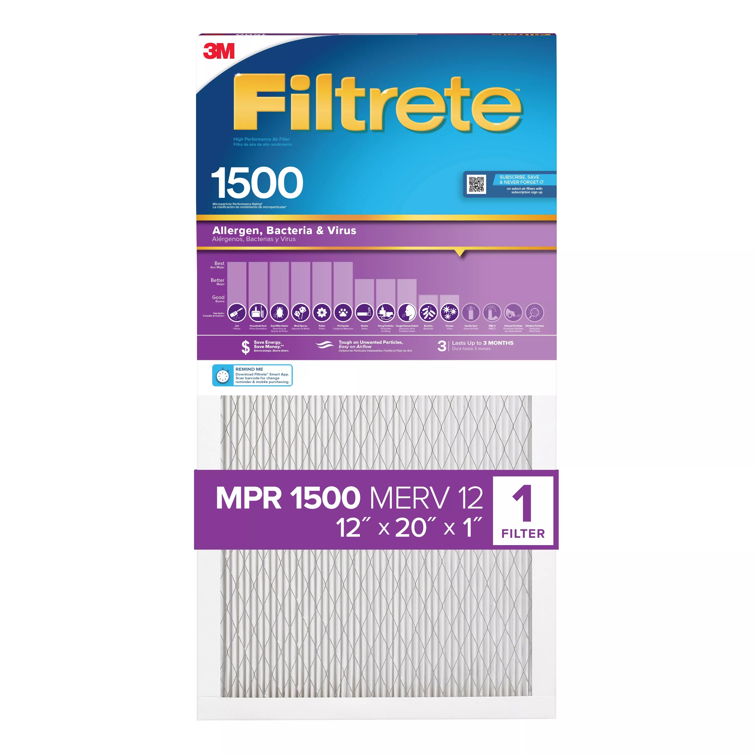 Filtrete™ High Performance Air Filter 1500 MPR 2019DC-4, 12 in x 20 in x 1 in (30.4 cm x 50.8 cm x 2.5 cm)