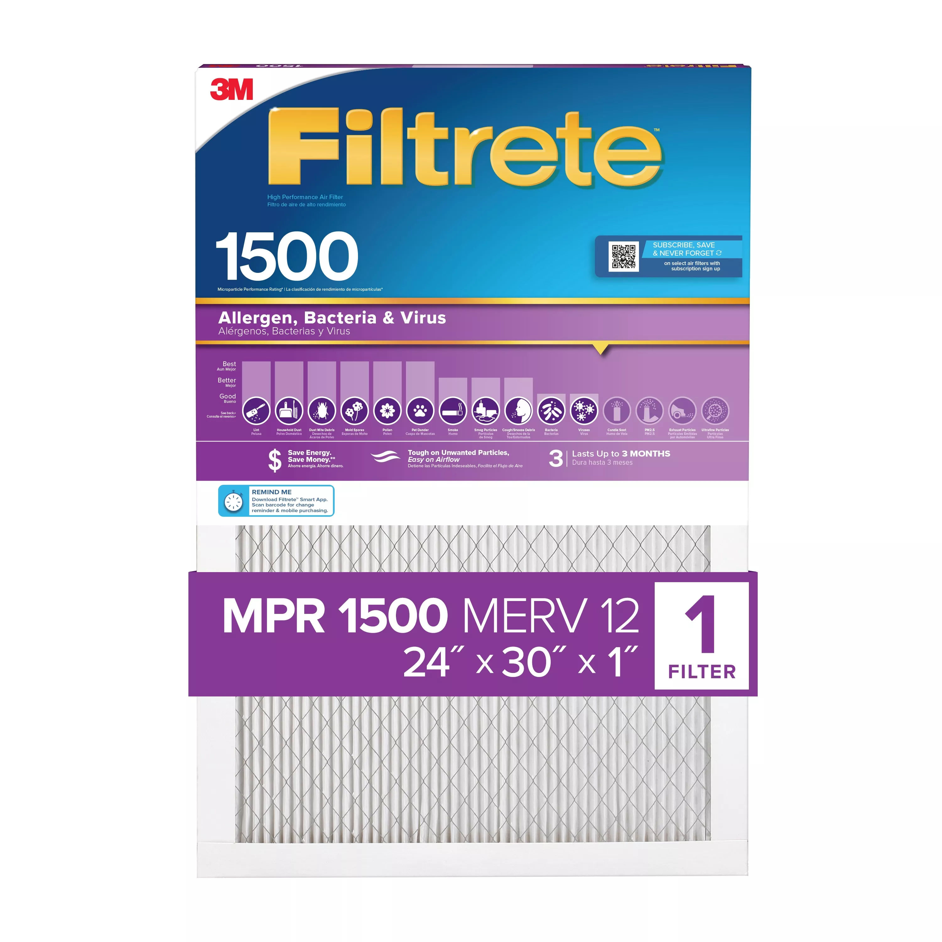 Filtrete™ High Performance Air Filter 1500 MPR 2013DC-4, 24 in x 30 in x 1 in (60.9 cm x 76.2 cm x 2.5 cm)
