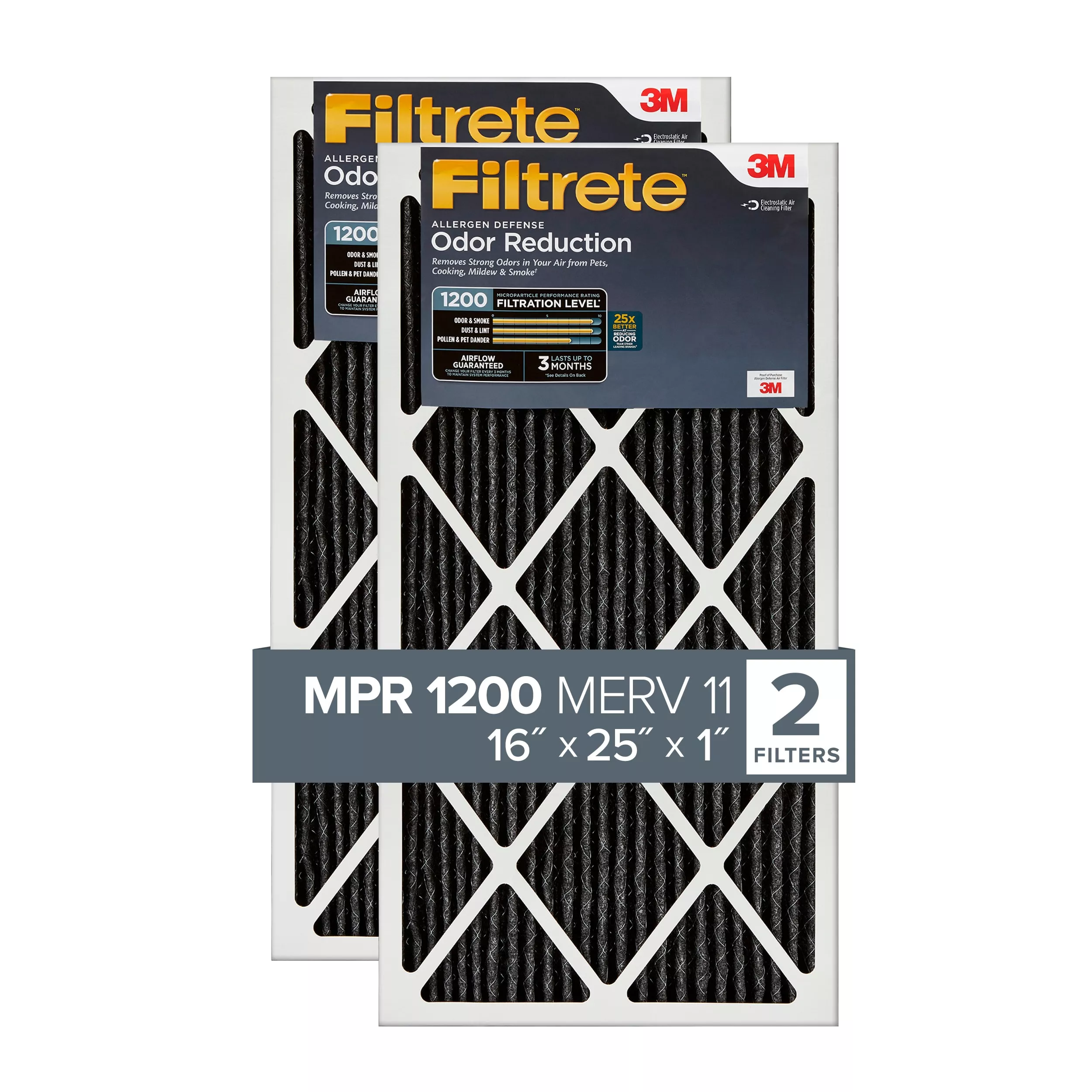 Filtrete™ Allergen Defense Odor Reduction Filter AOR01-2P-6E-NA, MPR
1200, 16 in x 25 in x 1 in (40,6 cm x 63,5 cm x 2,5 cm), 2/pk