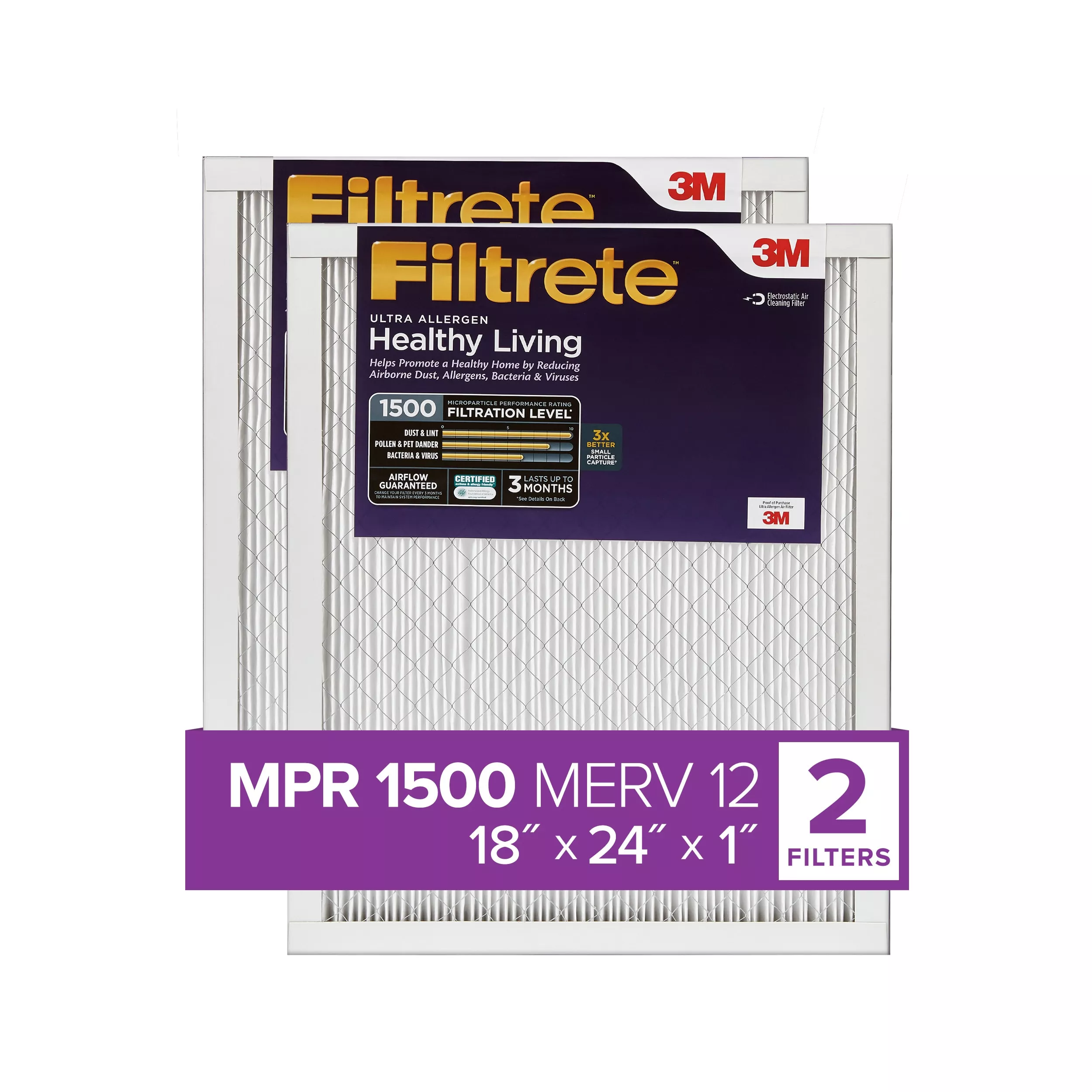Filtrete™ Ultra Allergen Reduction Filter UR21-2PK-1E, 18 in x 24 in x 1 in (45.7 cm x 60.9 cm x 2.5 cm)