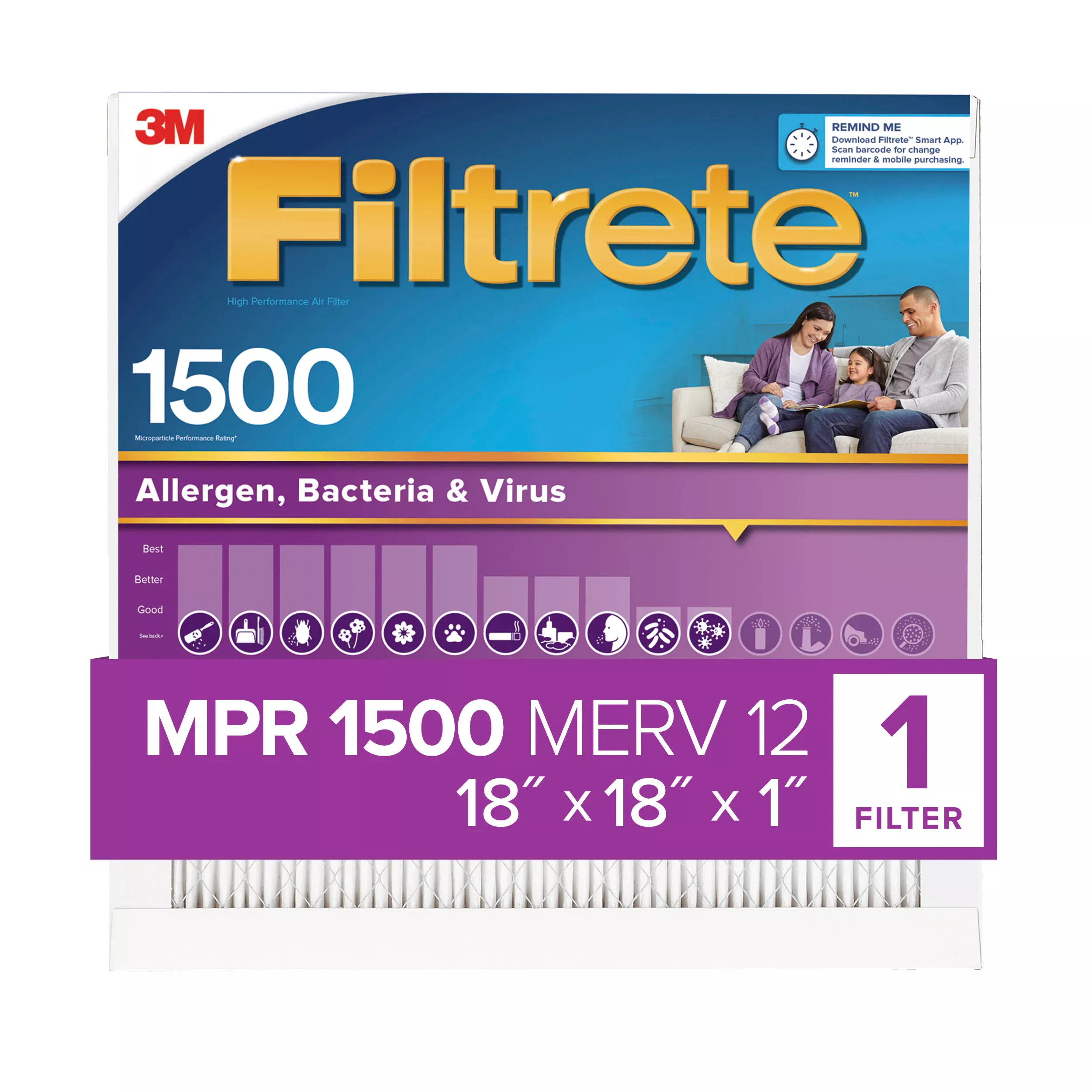 Filtrete™ Allergen, Bacteria & Virus Air Filter, 1500 MPR, 2017-4, 18 in
x 18 in x 1 in (45,7 cm x 45,7 cm x 2,5 cm)