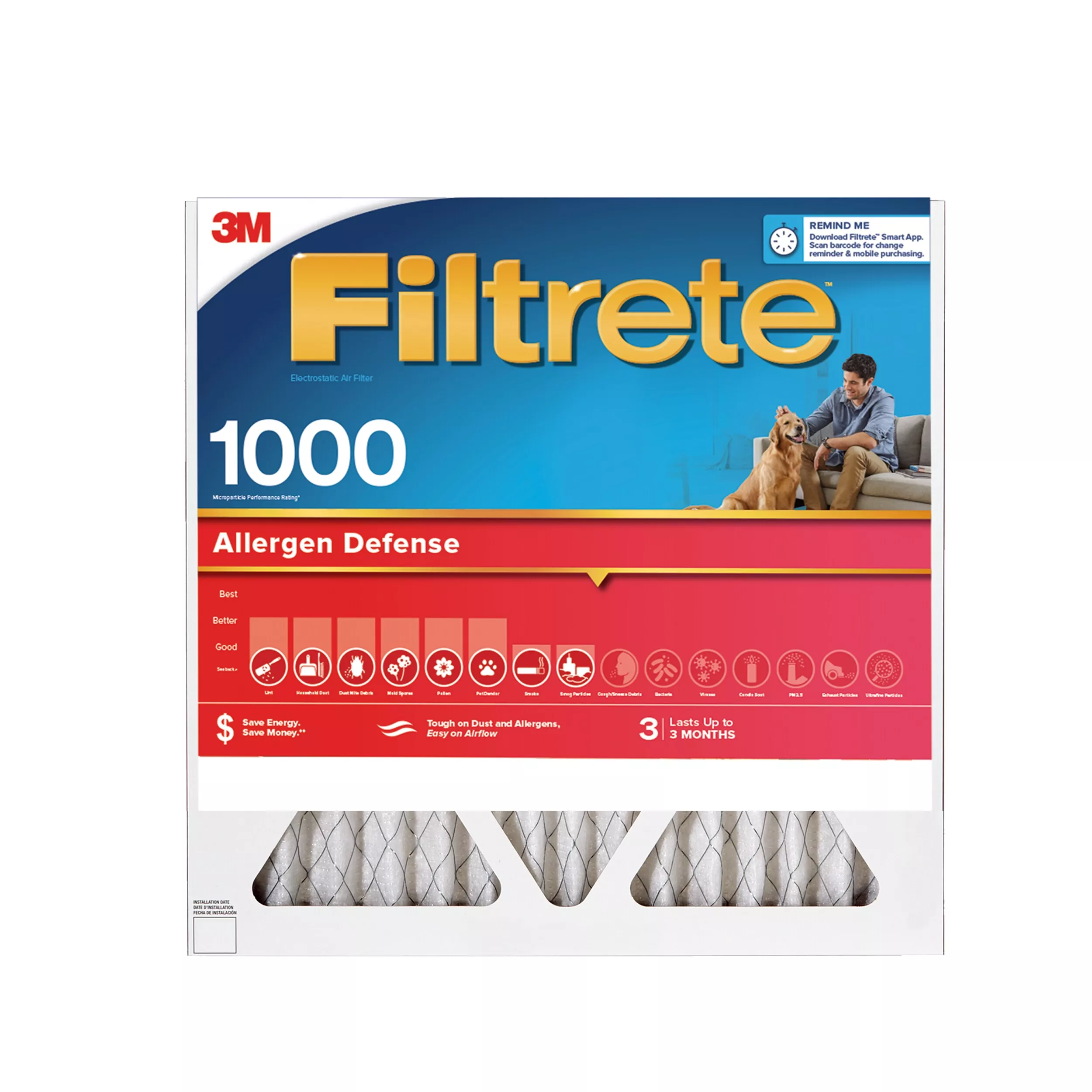 Filtrete™ Allergen Defense Air Filter, 1000 MPR, AL16-4, 16 in x 16 in x
1 in (40,6 cm x 40,6 cm x 2,5 cm)