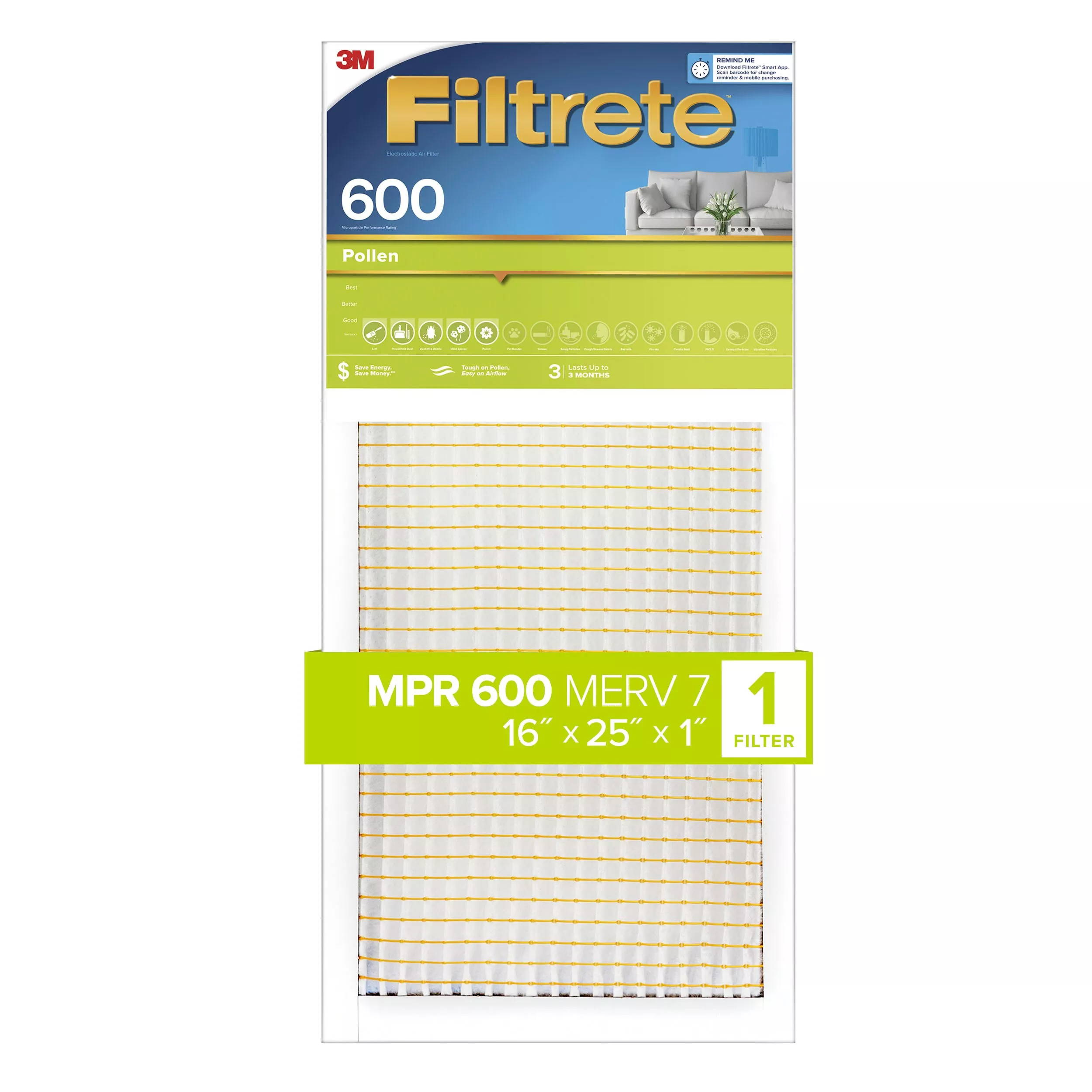 Filtrete™ Pollen Air Filter, 600 MPR, 9831-4, 16 in x 25 in x 1 in (40.6
cm x 63.5 cm x 2.54 cm)