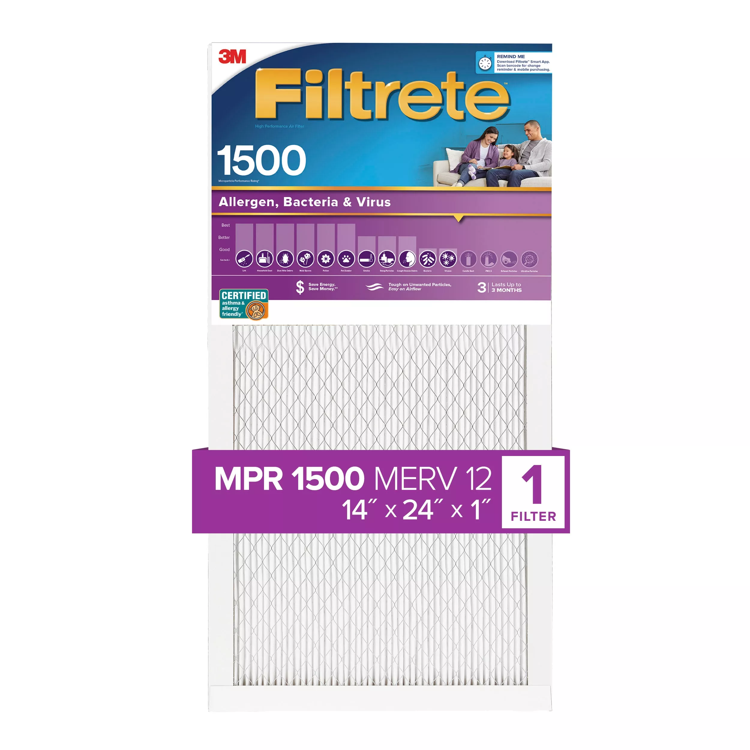 Filtrete™ High Performance Air Filter 1500 MPR UP23-4, 14 in x 24 in x 1 in (35.5 cm x 60.9 cm x 2.5 cm)