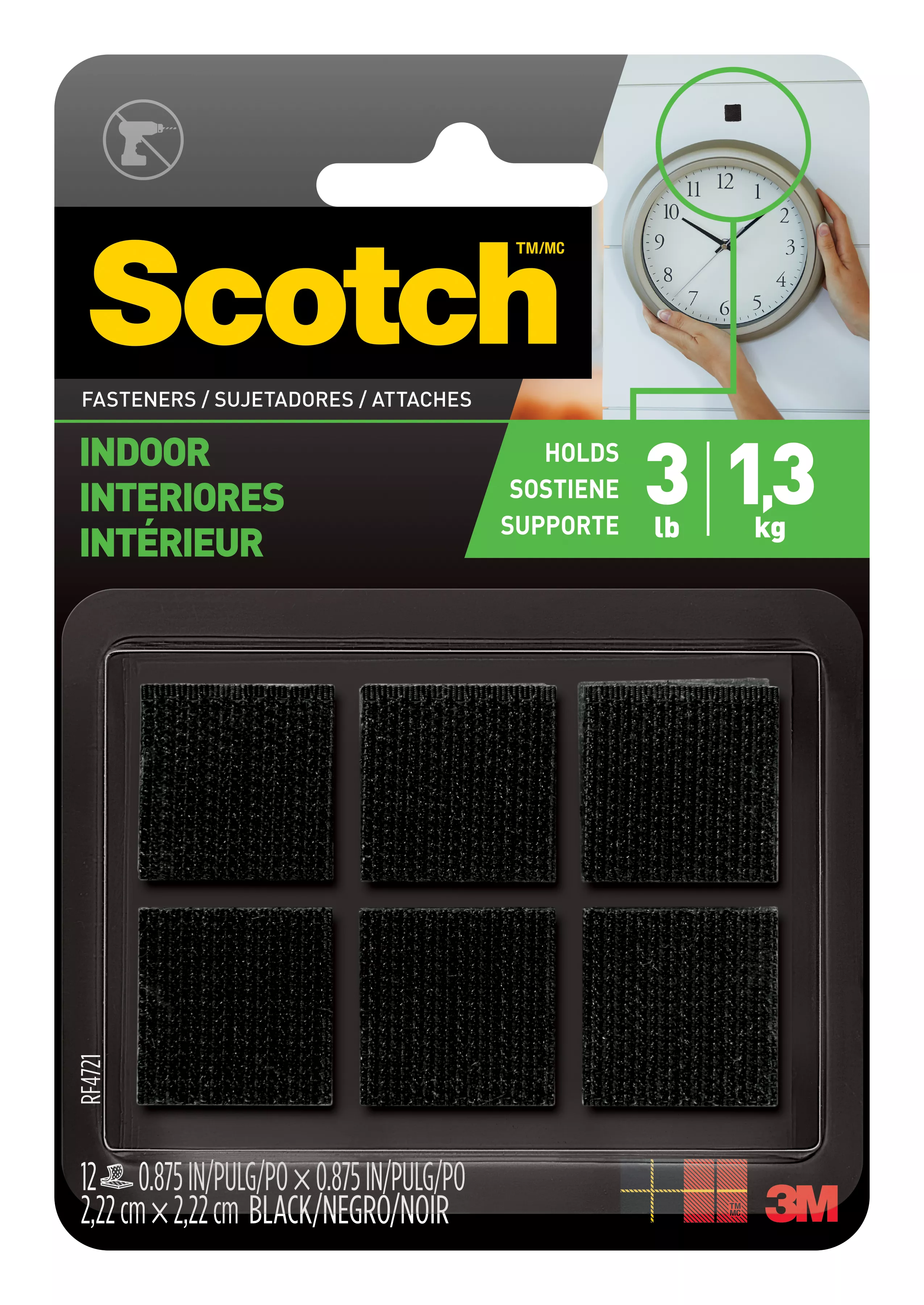 Scotch™ Indoor Fasteners, RF4721, 7/8 in x 7/8 in (2,22 cm x 2,22 cm), Black, 12 Sets of Squares