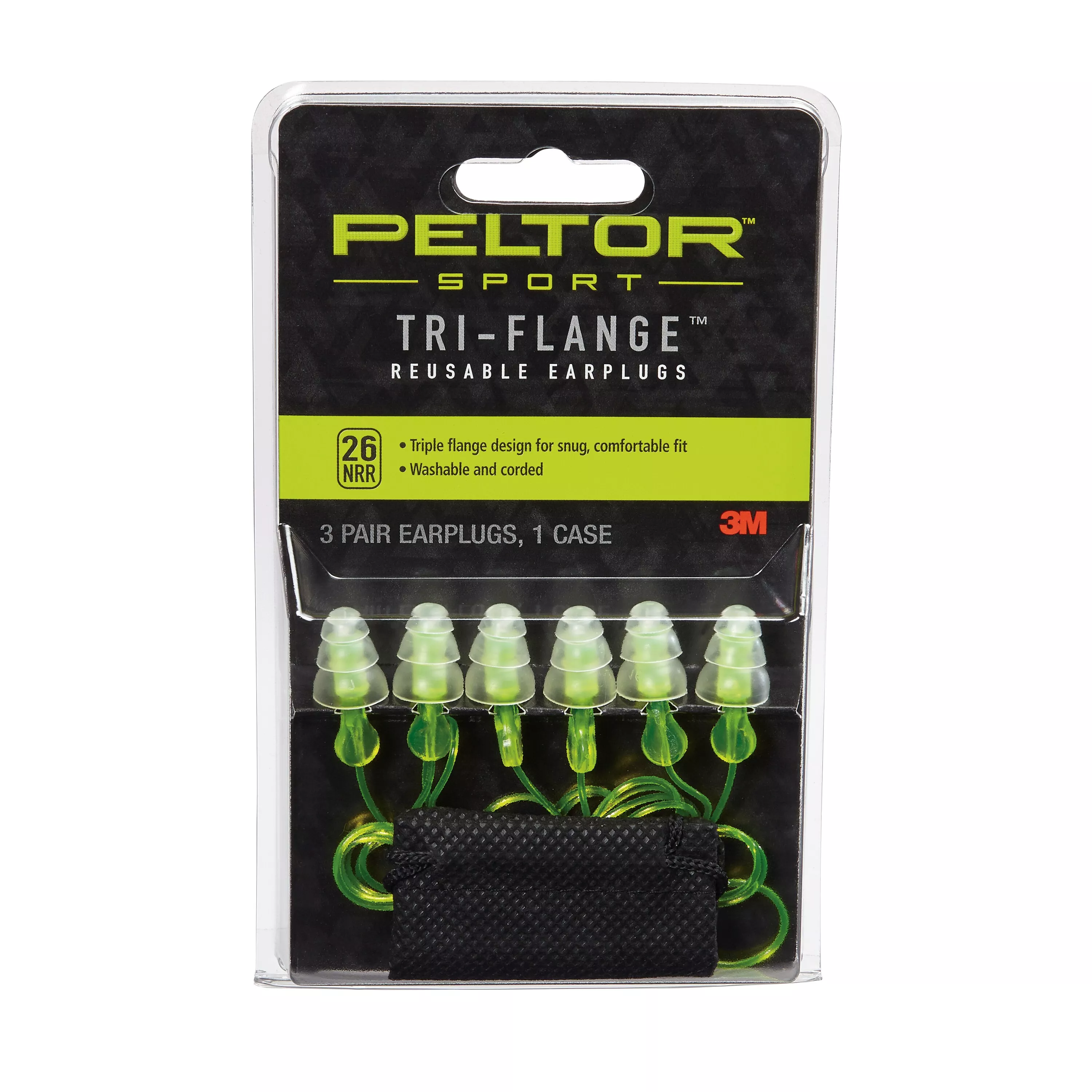 Peltor™ Sport Tri-Flange™ Corded Reusable Earplugs 97317-10C, 3 Pair Pack Neon Yellow