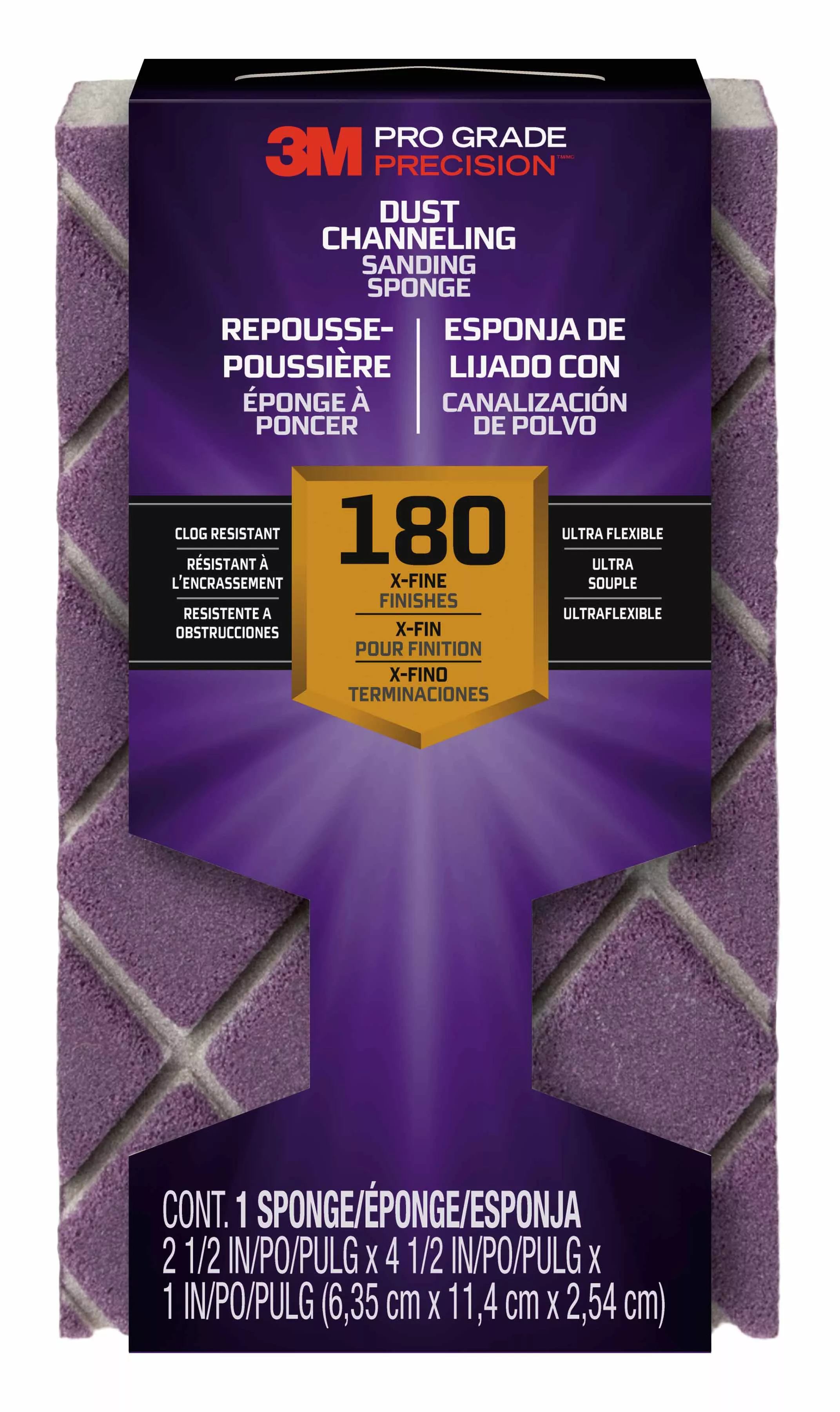 3M™ Pro Grade Precision™ Dust Channeling Block Sanding Sponge 180 grit Fine, 2503TRI-180-CH, 4.5 in x 2.5 in x 1 in, 12/cs