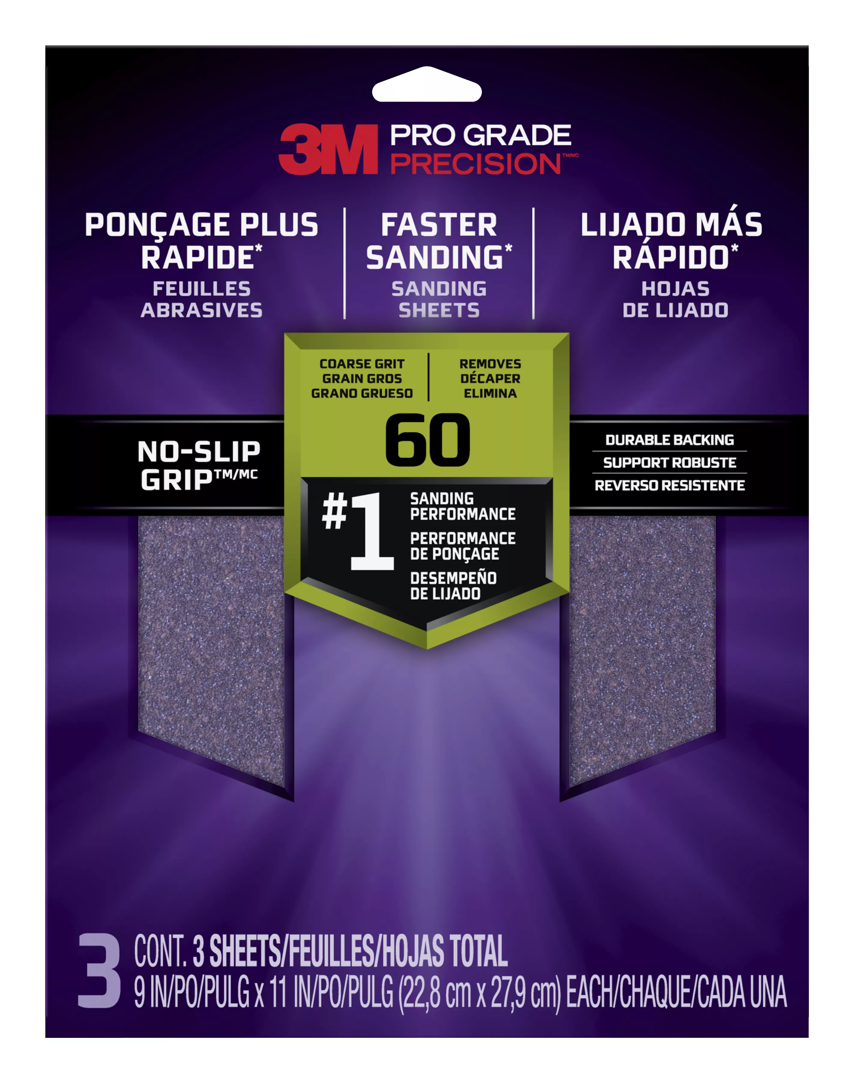 3M™ Pro Grade Precision™ Faster Sanding Sanding Sheets 60 grit Coarse, 26060TRI-3, 9 in x 11 in, 3/pk