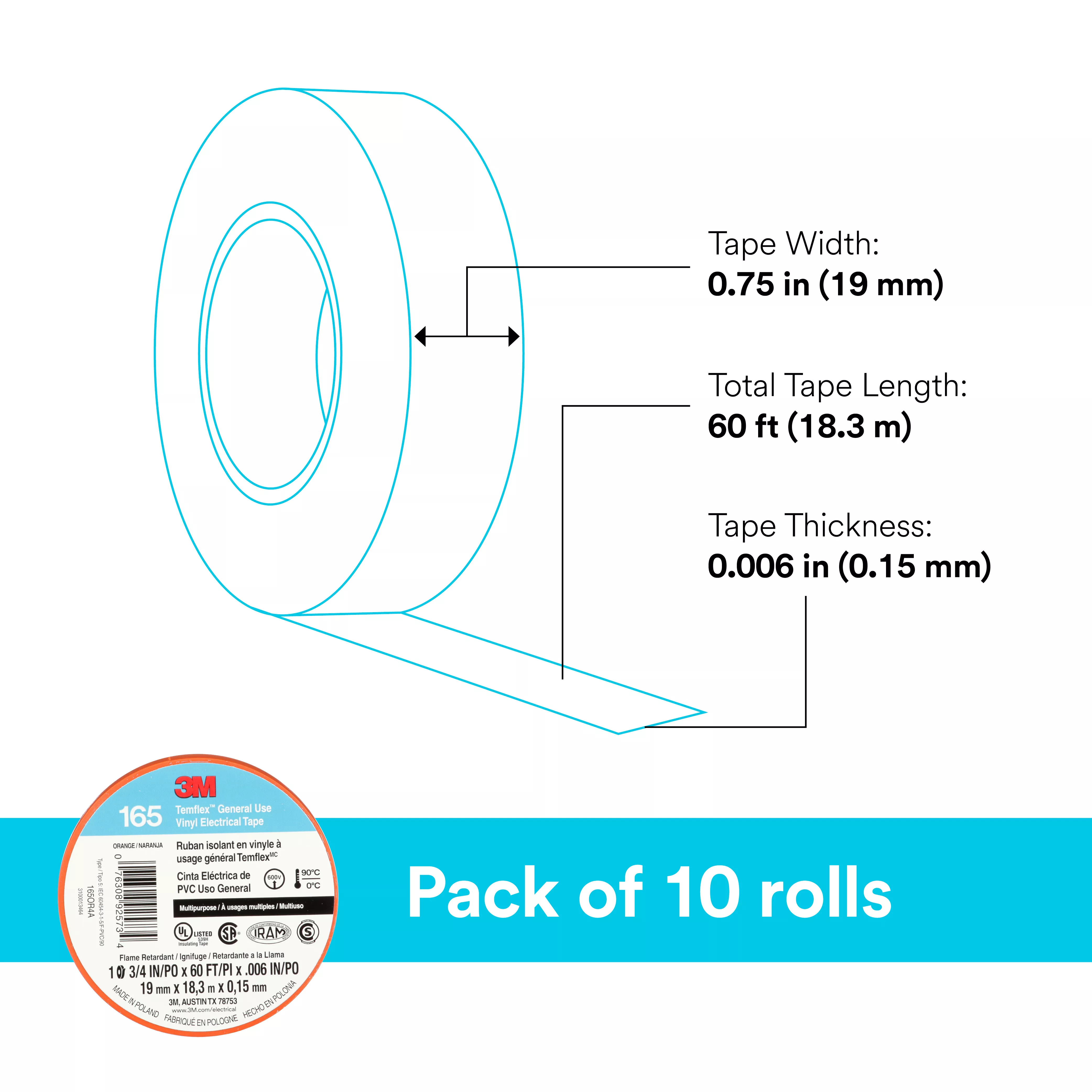 SKU 7100169433 | 3M™ Temflex™ Vinyl Electrical Tape 165