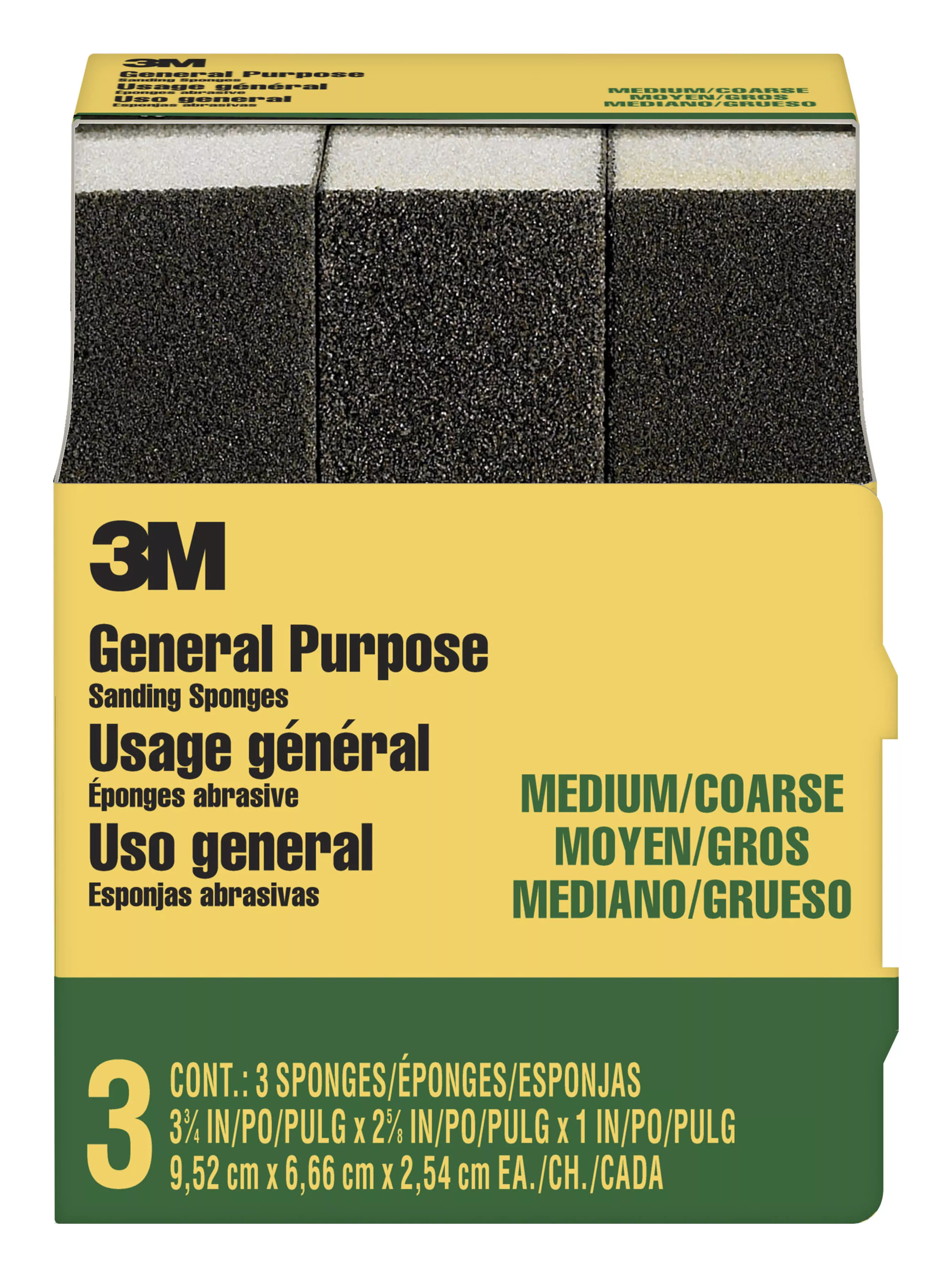 3M™ General Purpose Sanding Sponge 909NA-3P-CC, 3 3/4 in x 2 5/8 in x 1 in, Dual Grit, Medium/Coarse, 3 sponges/pack, 6 pks/cs