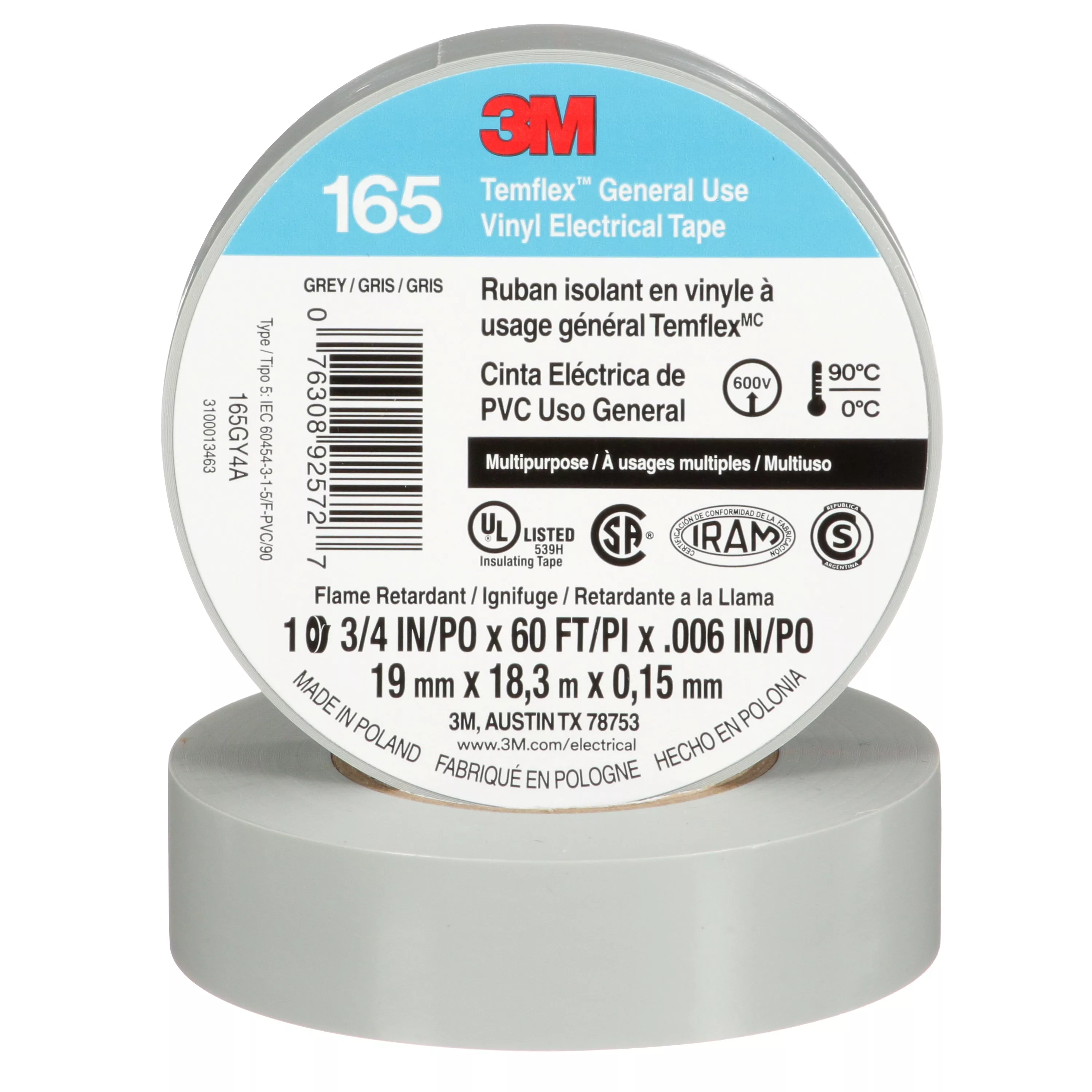 3M™ Temflex™ Vinyl Electrical Tape 165, Gray, 3/4 in x 60 ft (19 mm x 18 m), 6 mil, 100 Rolls/Case