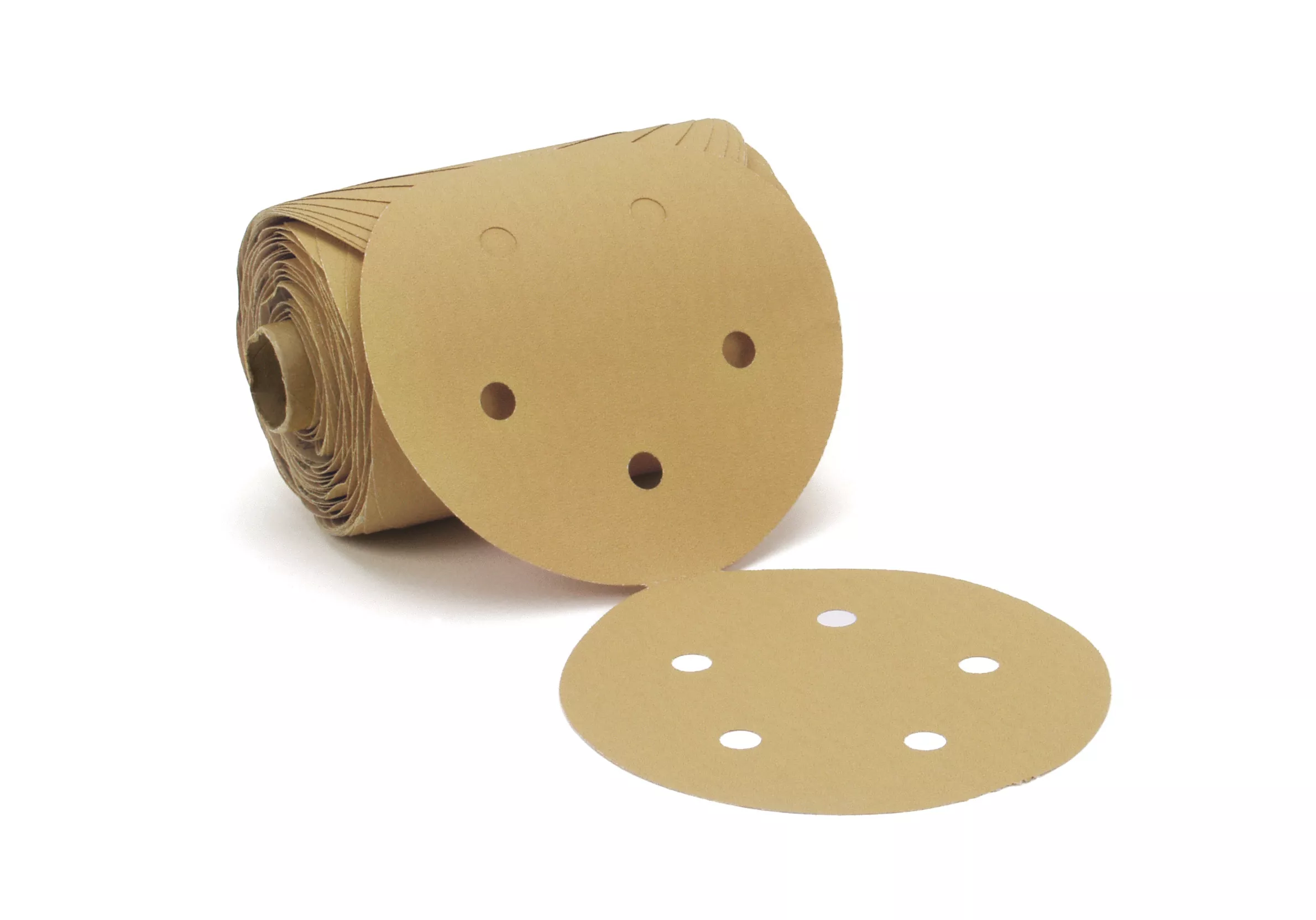 3M™ Stikit™ Gold Paper Disc Roll 216U, 01625, P150 A-weight, 5 in x NH,
D/F 5HL, Die 500FH, 175 Discs/Roll, 6 Rolls/Case