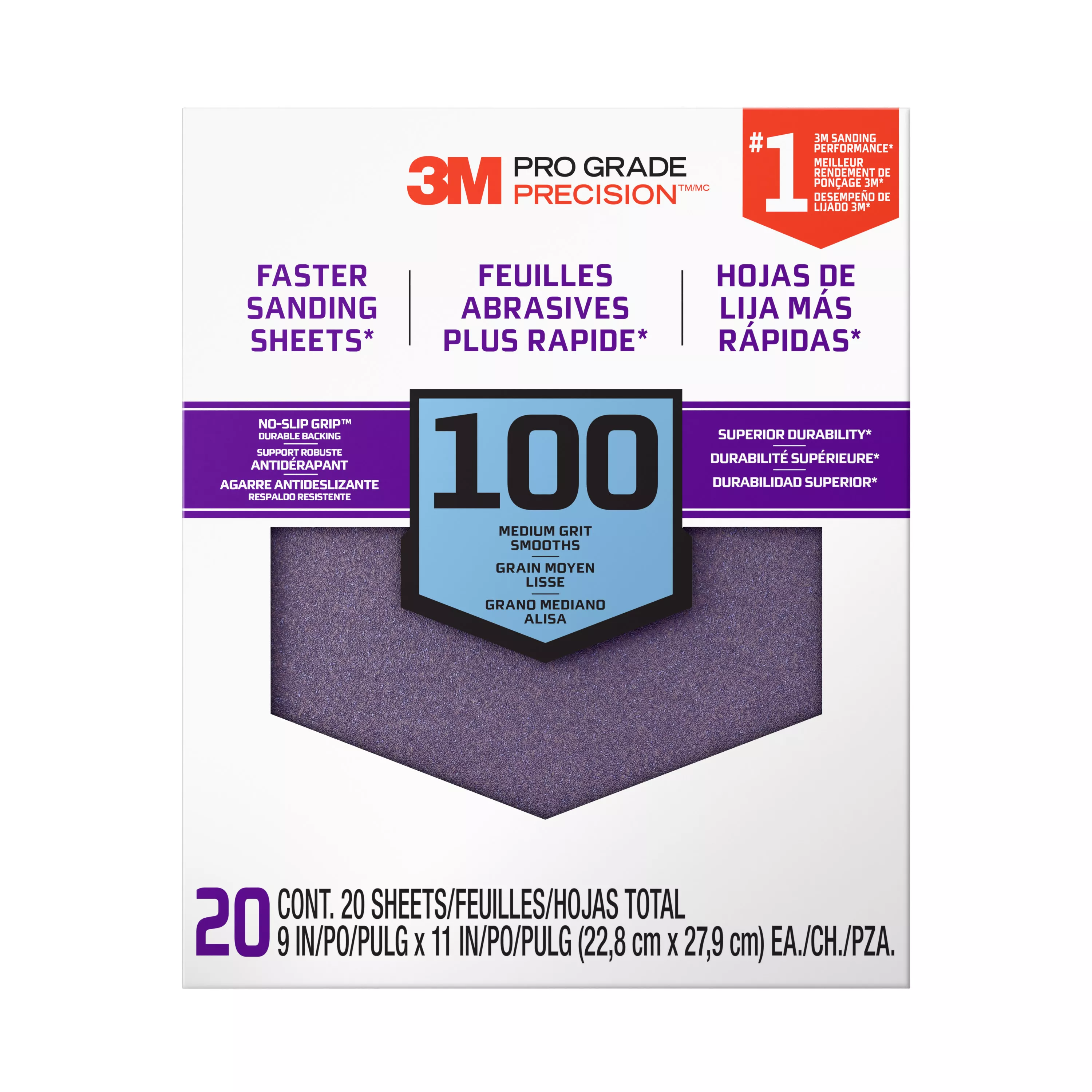 3M™ Pro Grade Precision™ Faster Sanding Sheets w/ NO-SLIP GRIP™ Backing SHCP100-PGP20T, 9 in x 11 in, 100 Gr, 20 Shts/pk