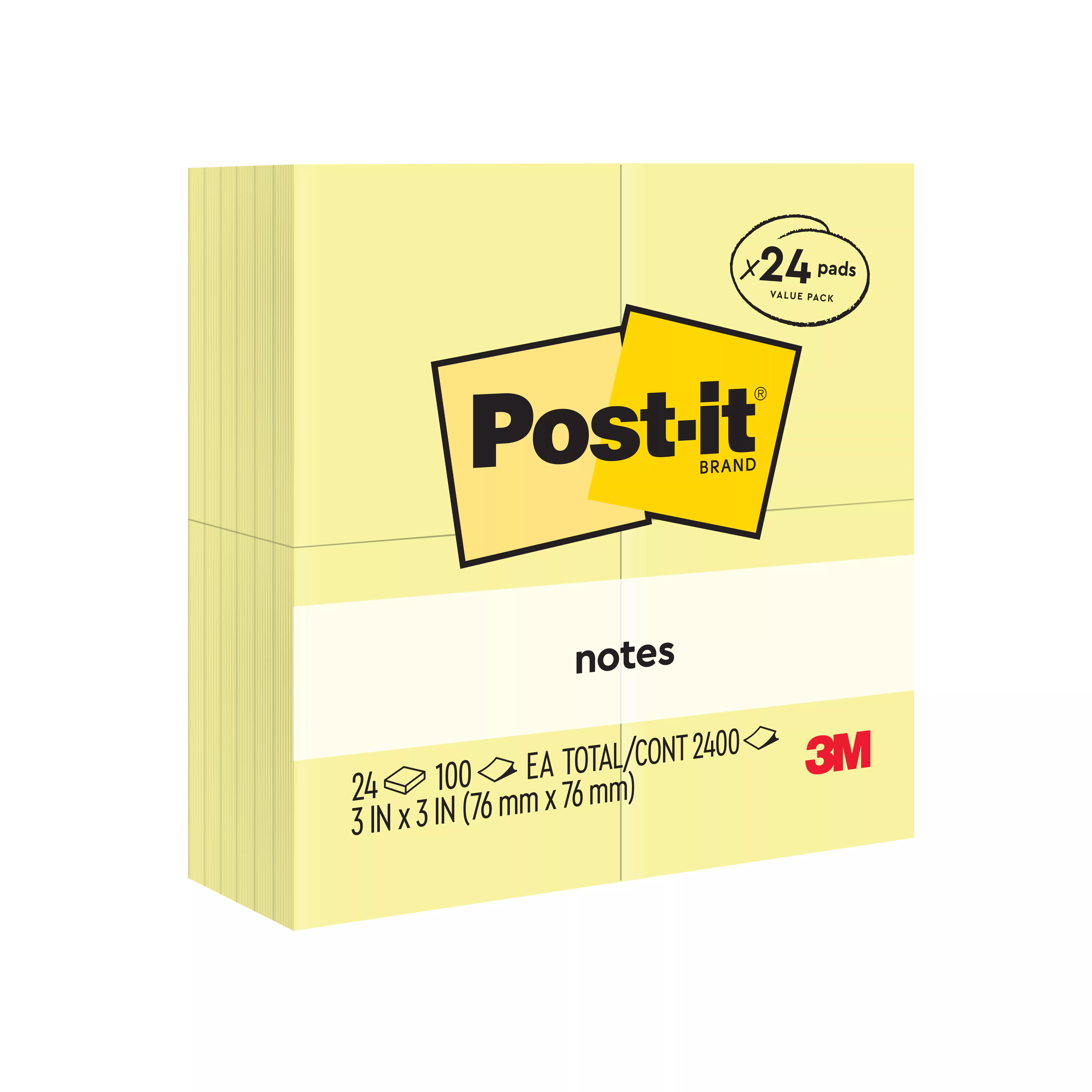 Post-it® Notes 654-24VAD, 3 in x 3 in (76 mm x 76 mm) Canary Yellow