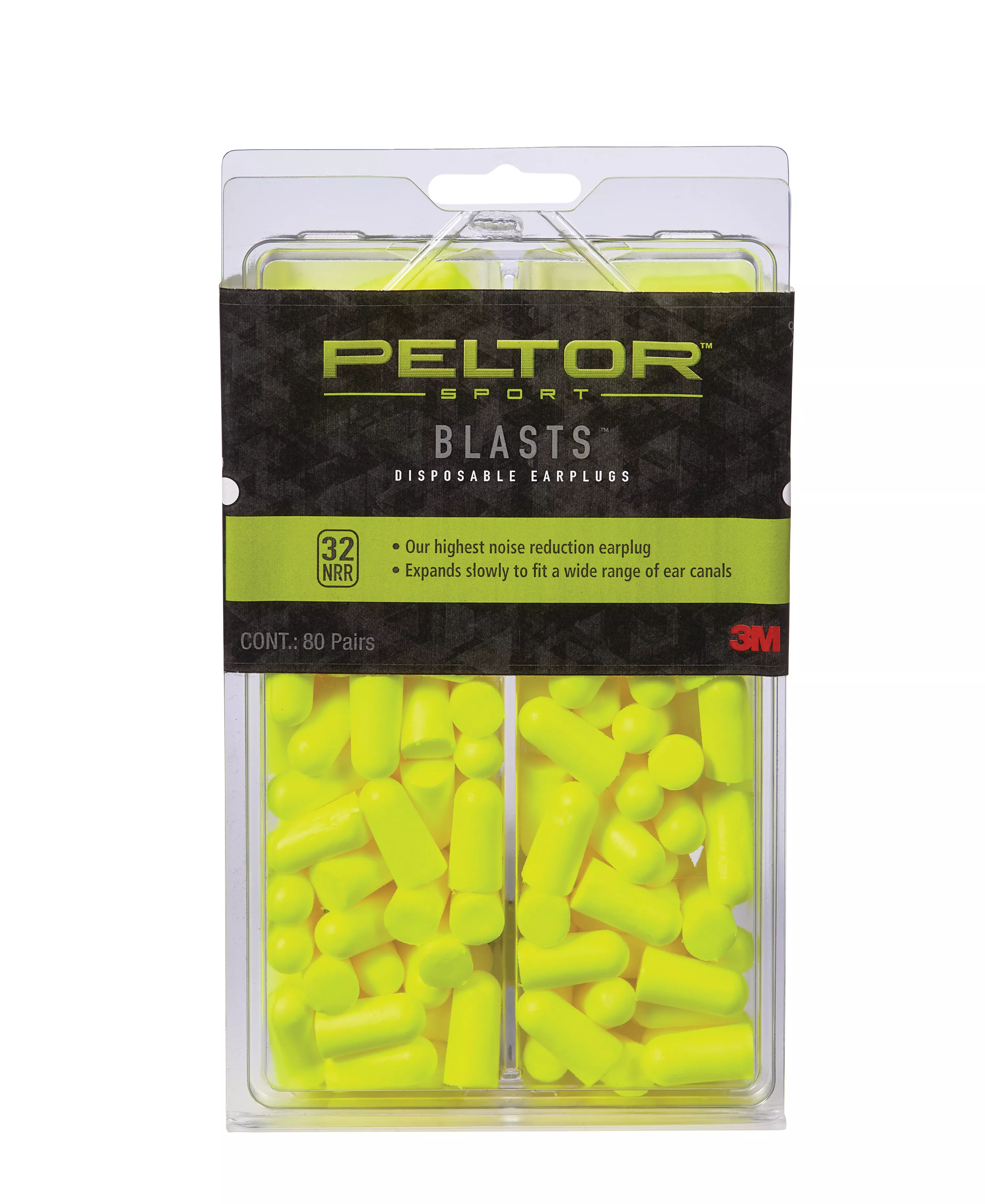 Peltor™ Sport Blasts™ Disposable Earplugs 97082-PEL80-6C, 80 ea/pk, Neon Yellow