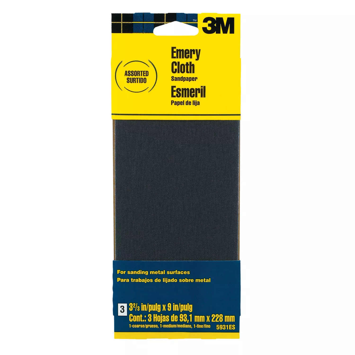 3M™ Emery Cloth Sanding Sheets 5931ES, 3 2/3 in x 9 in, Assorted grit, 3/pk, 20 pks/cs