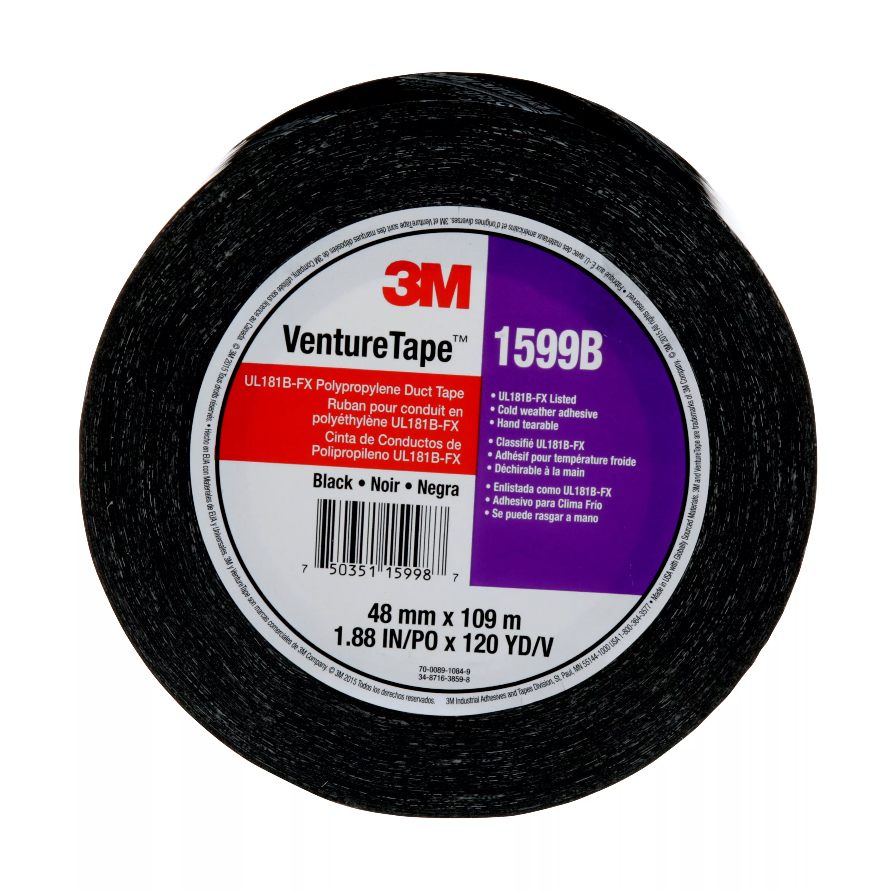 3M™ Venture Tape™ UL181B-FX Polypropylene Duct Tape 1599B, Black, 48 mm
x 109.7 m, 3 mil, 24 Rolls/Case