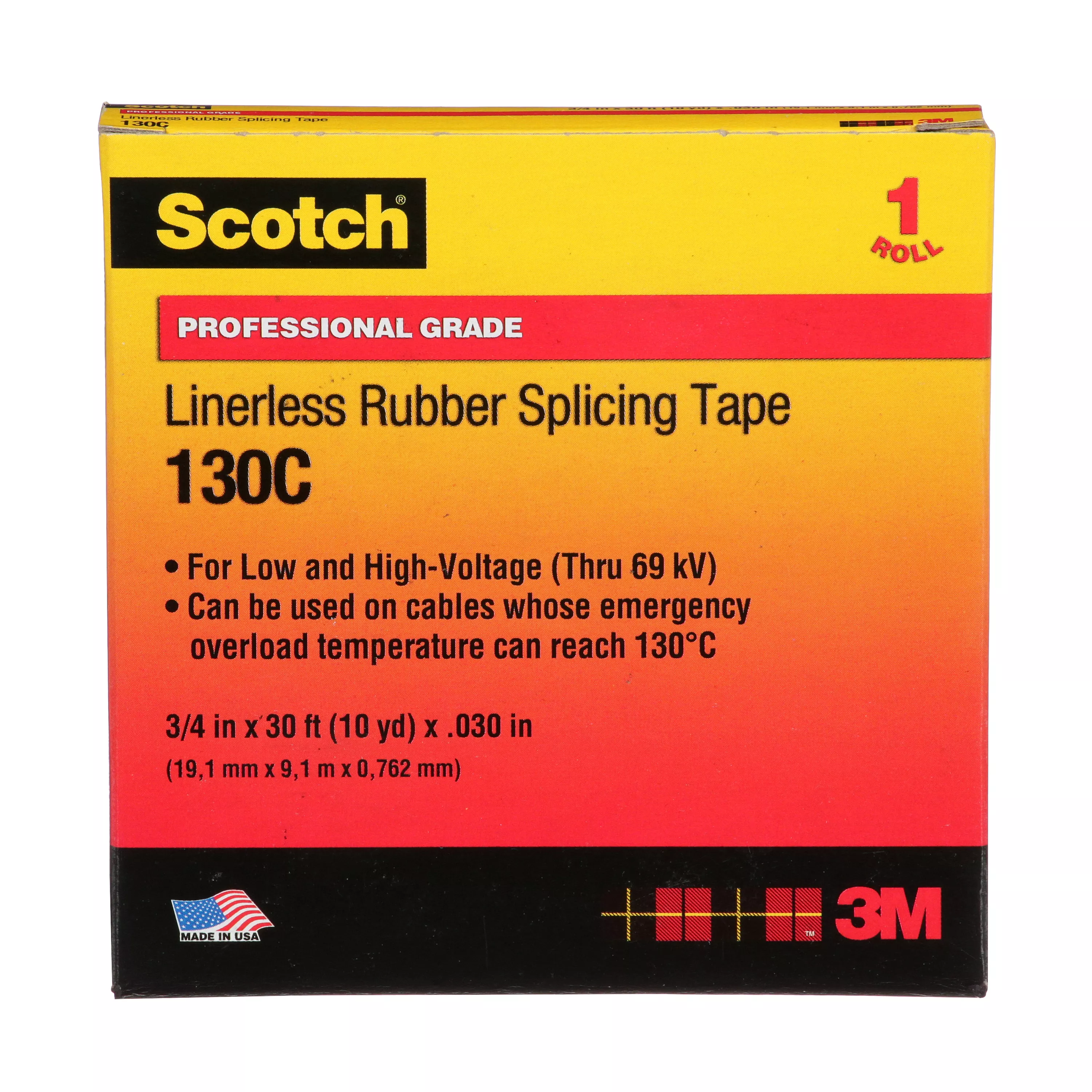 Scotch® Linerless Rubber Splicing Tape 130C, 3/4 in x 30 ft, Black, 1 roll/carton, 24 rolls/Case