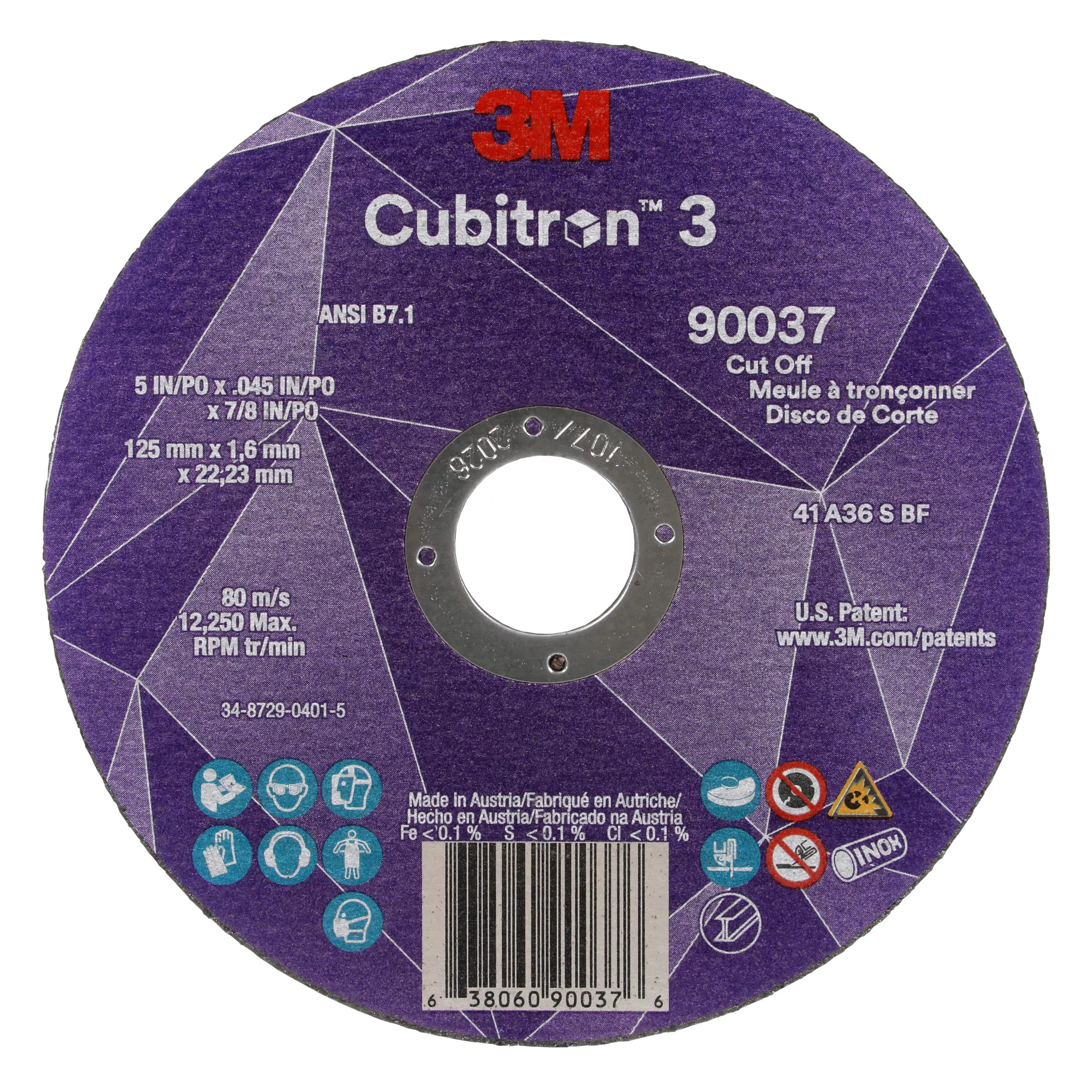 3M™ Cubitron™ 3 Cut-Off Wheel, 90037, 36+, T1, 5 in x 0.045 in x 7/8 in (125 x 1.6 x 22.23 mm), ANSI, 25/Pack, 50 ea/Case