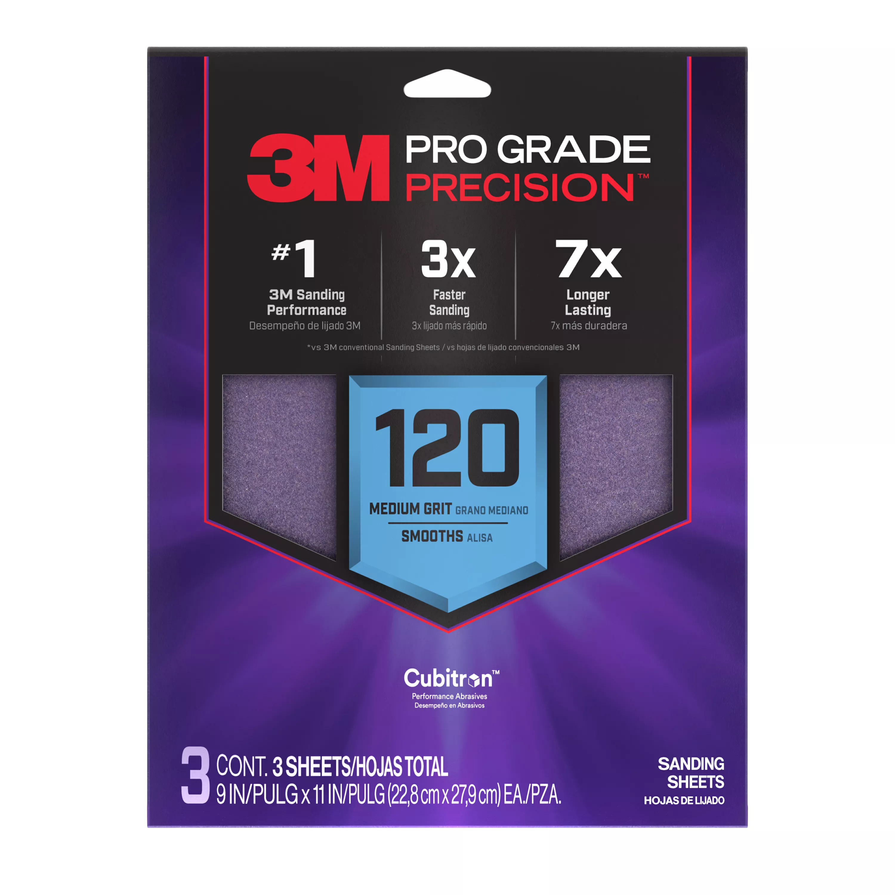 3M™ Pro Grade Precision™ Faster Sanding Sheets w/ NO-SLIP GRIP™ Backing SHR120-PGP-3T, 9 in x 11 in, 120 Gr, 3 Sht/Pk