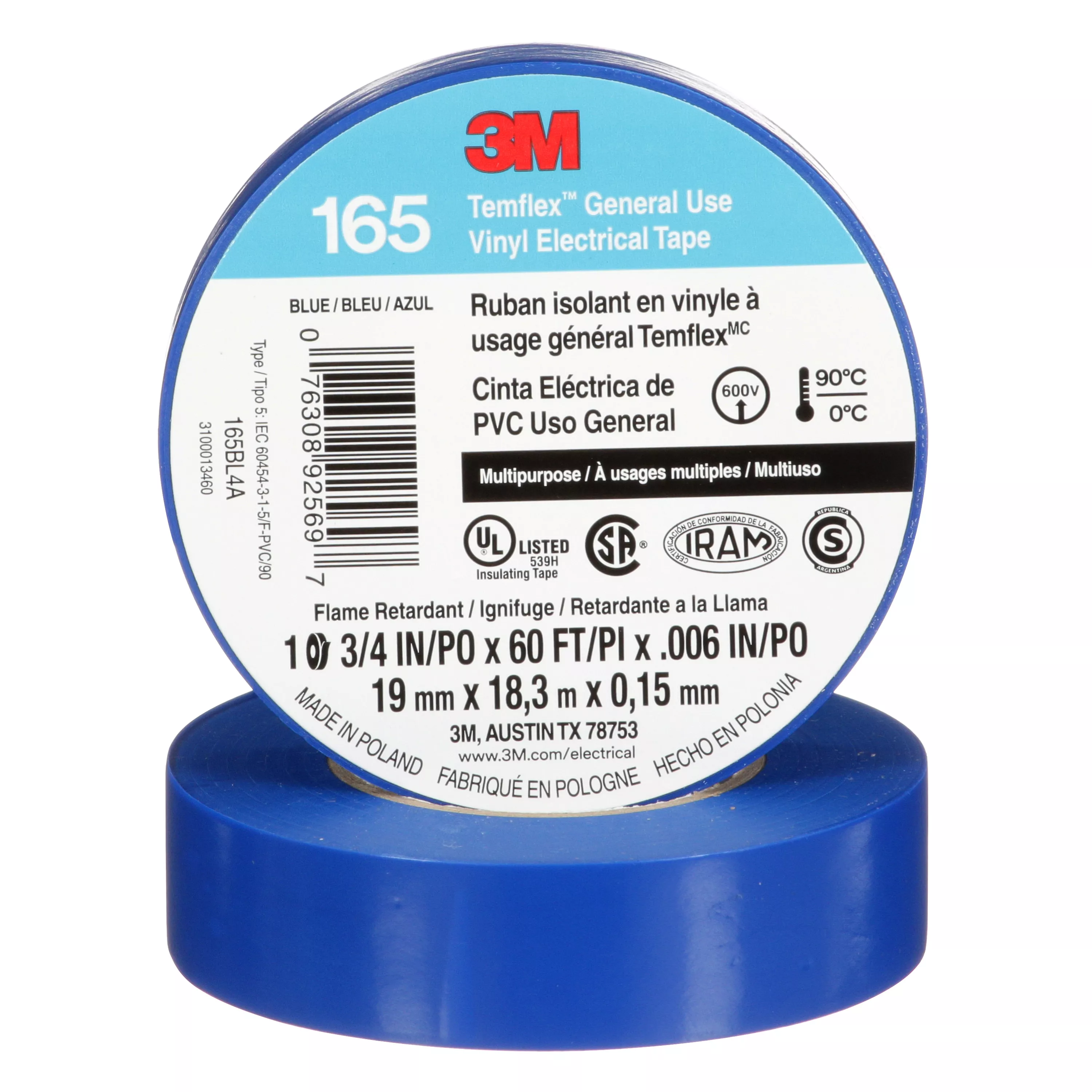 3M™ Temflex™ Vinyl Electrical Tape 165, Blue, 3/4 in x 60 ft (19 mm x 18 m), 6 mil, 100 Rolls/Case