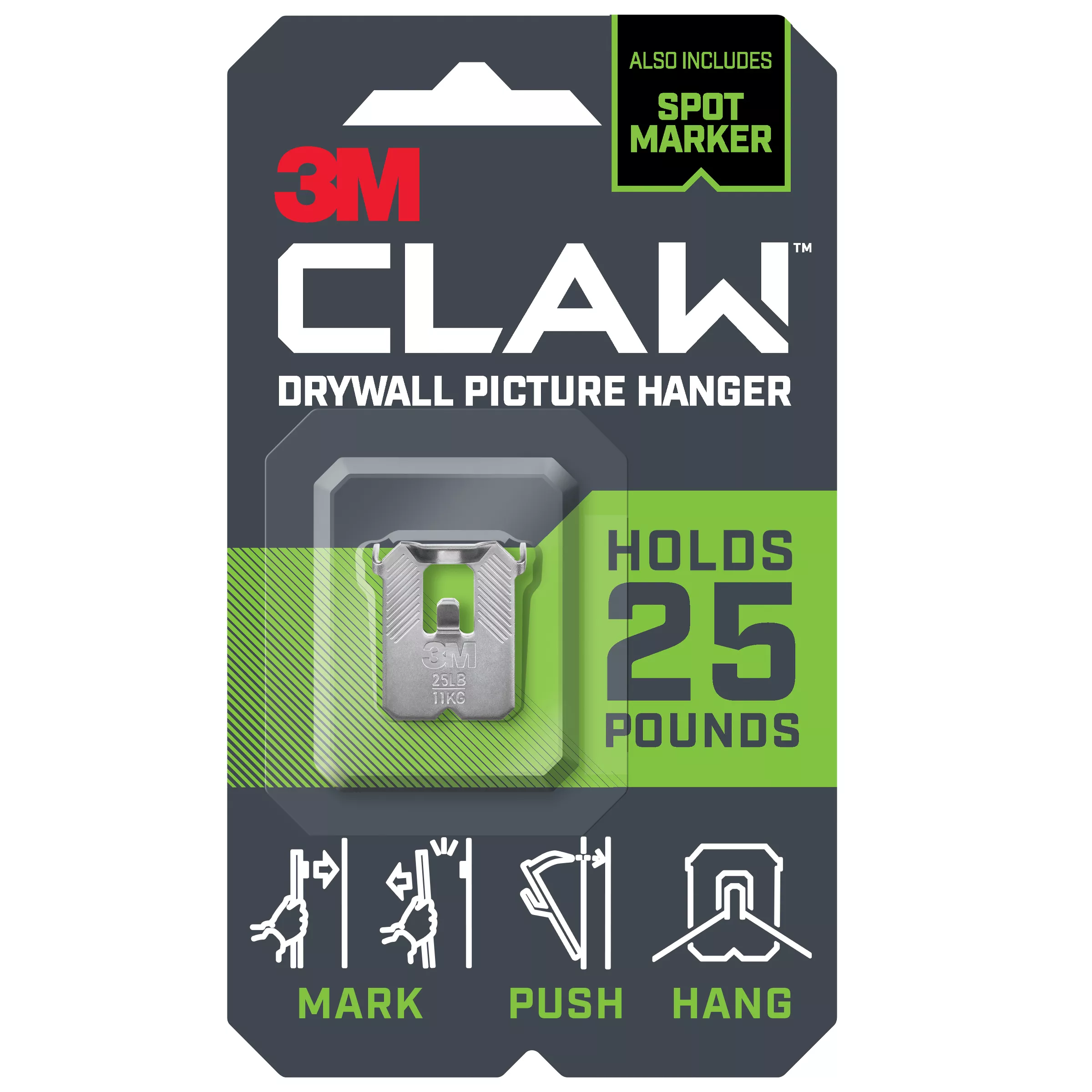3M CLAW™ Drywall Picture Hanger 25 lb with Temporary Spot Marker 3PH25M-1EF, 1 hanger, 1 marker