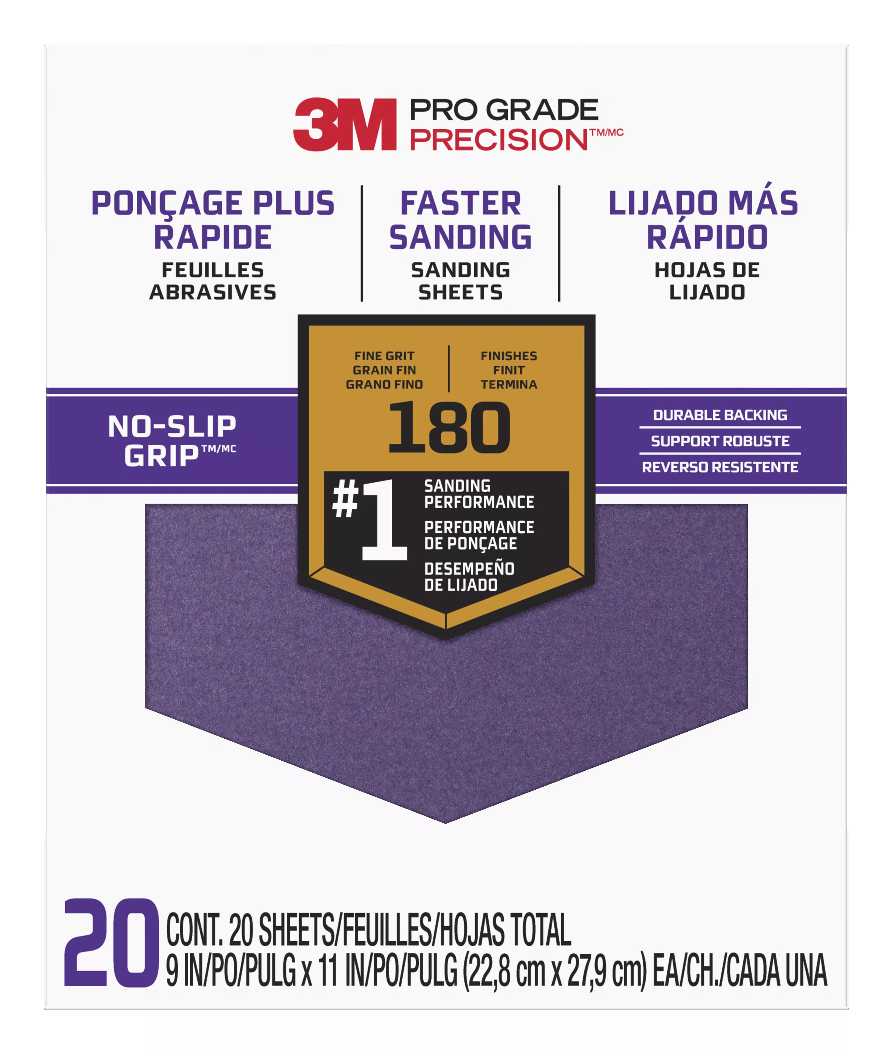 3M™ Pro Grade Precision™ Faster Sanding Sanding Sheets 180 grit Fine, 27180TRI-20, 9 in x 11 in, 20/pk