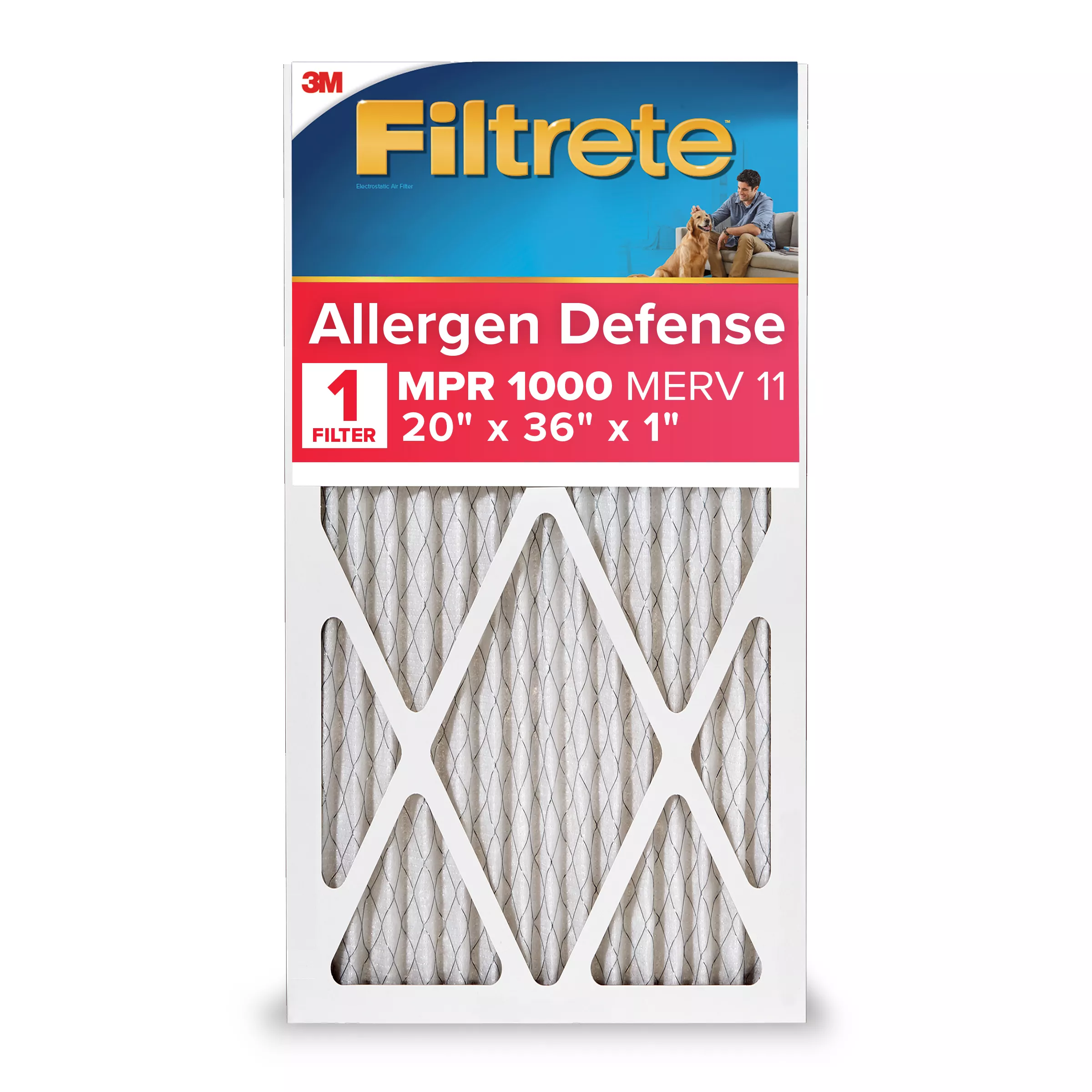 Filtrete™ Allergen Defense Air Filter, 1000 MPR, AL43-4, 20 in x 36 in x
1 in (50,8 cm x 91,4 cm x 2,5 cm)