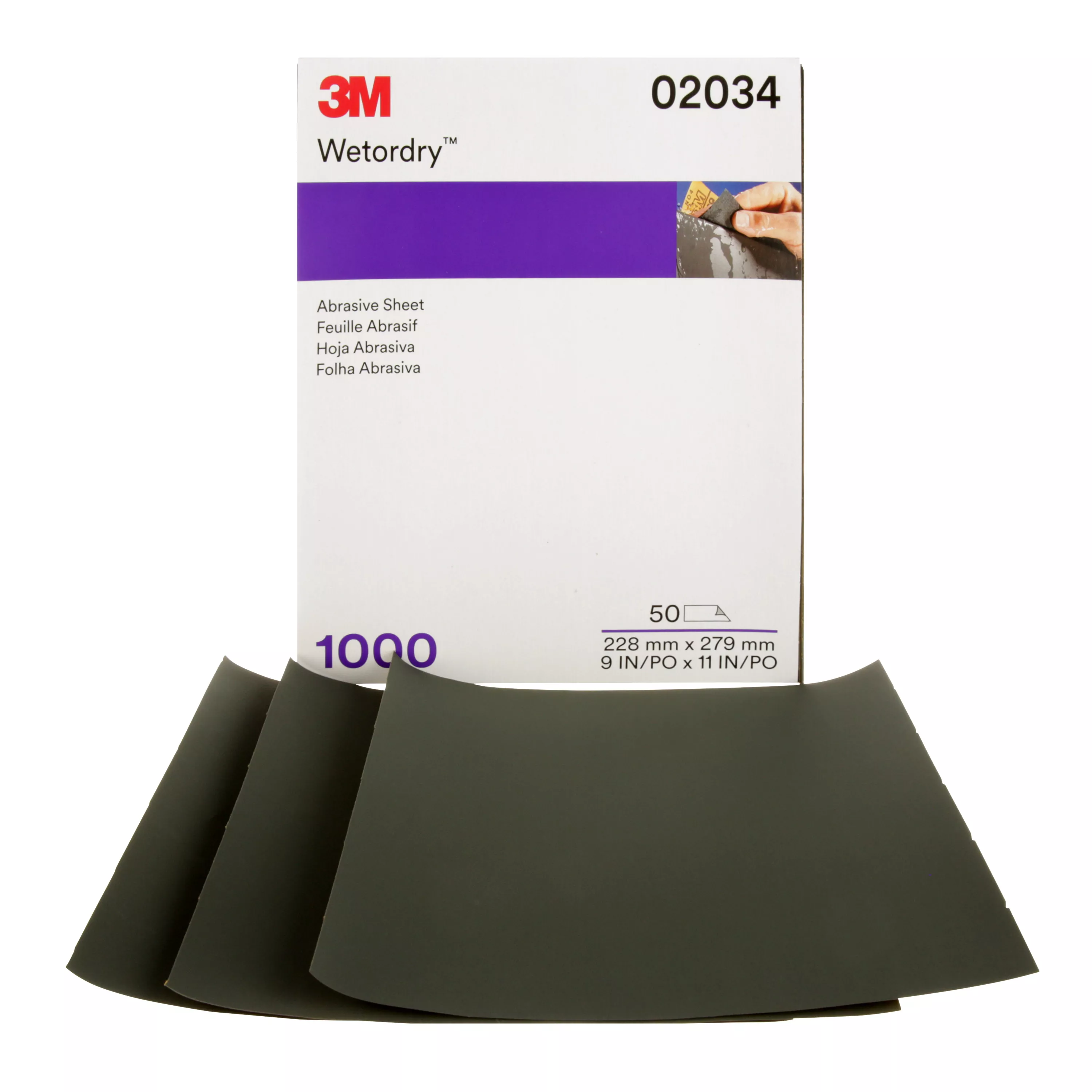 3M™ Wetordry™ Abrasive Sheet, 02034, 1000, 9 in x 11 in, 50 sheets per carton, 5 cartons per case