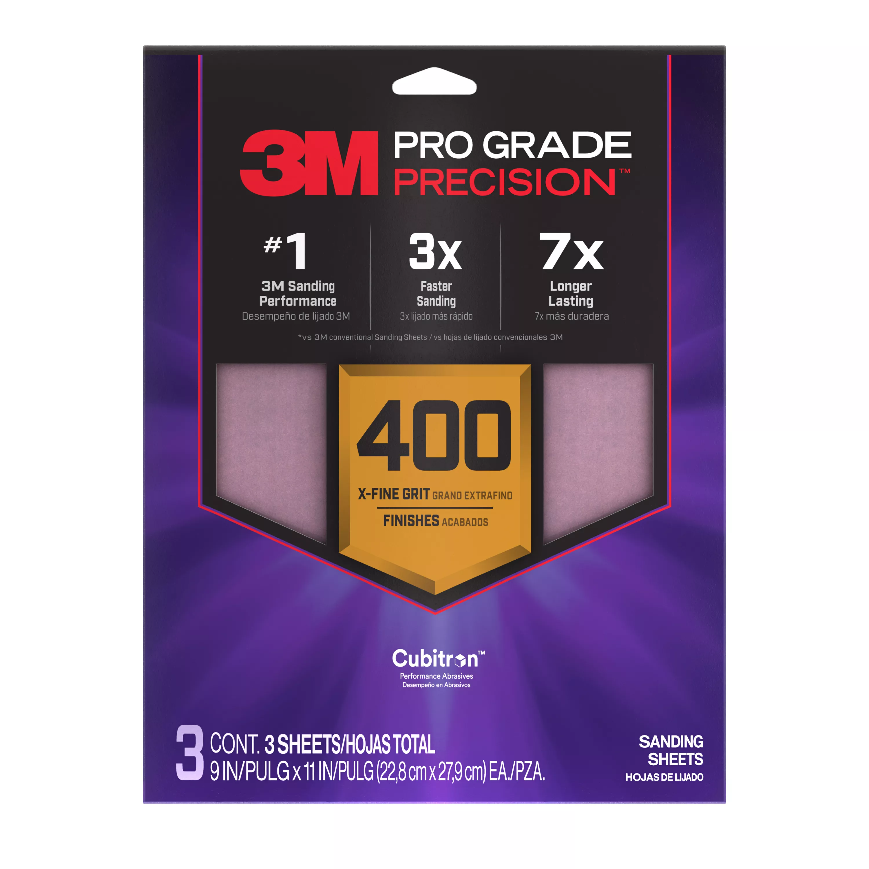 3M™ Pro Grade Precision™ Faster Sanding Sheets w/ NO-SLIP GRIP™ Backing SHR400-PGP-3T, 9 in x 11 in, 400 Gr, 3 Sht/Pk