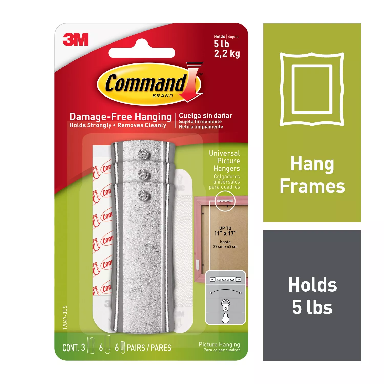 Command™ Universal Picture Hangers, 3 hangers, 6 strips, 6 stabilizer pairs, 17047-3ES