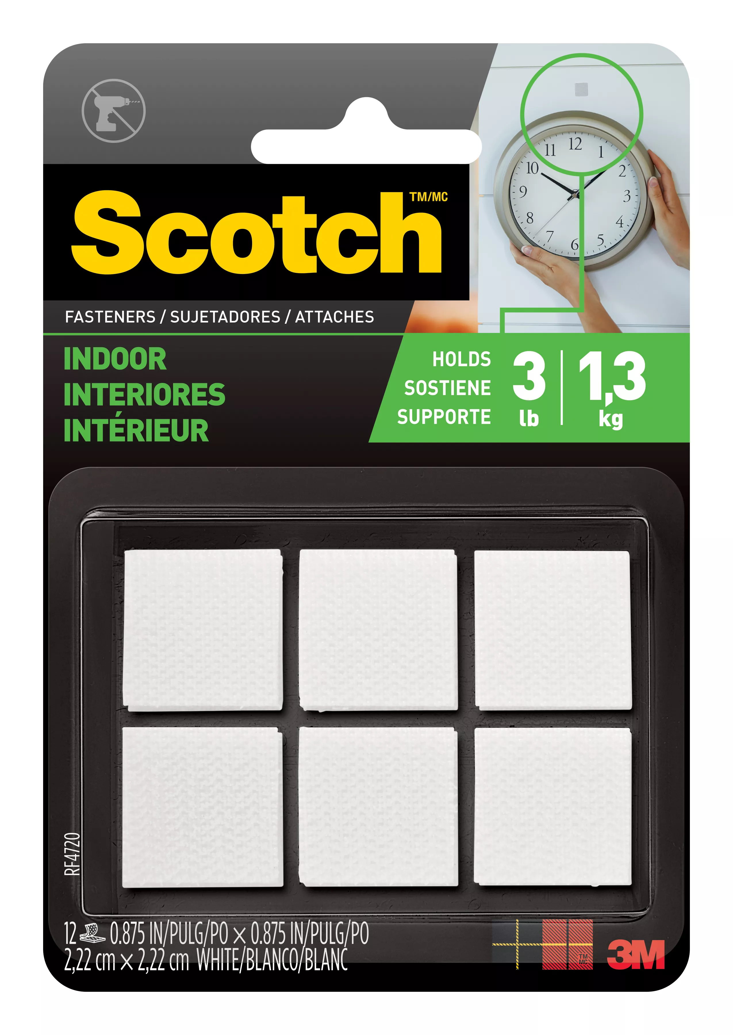 Scotch™ Indoor Fasteners RF4720, 7/8 in x 7/8 in (22,2 mm x 22,2 mm), White, 12 Sets of Squares