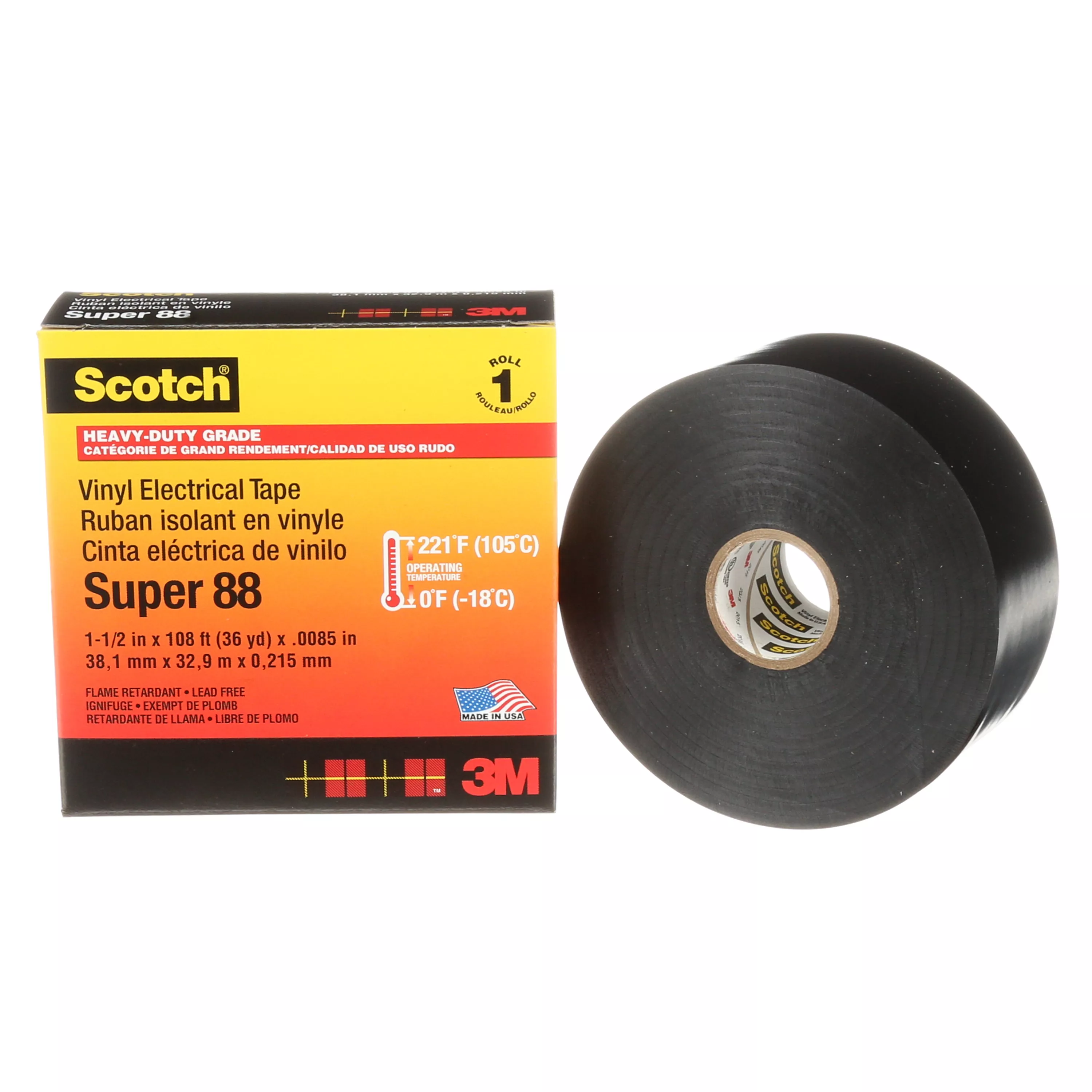 Scotch® Vinyl Electrical Tape Super 88, 1-1/2 in x 36 yd, Black, 12 rolls/Case