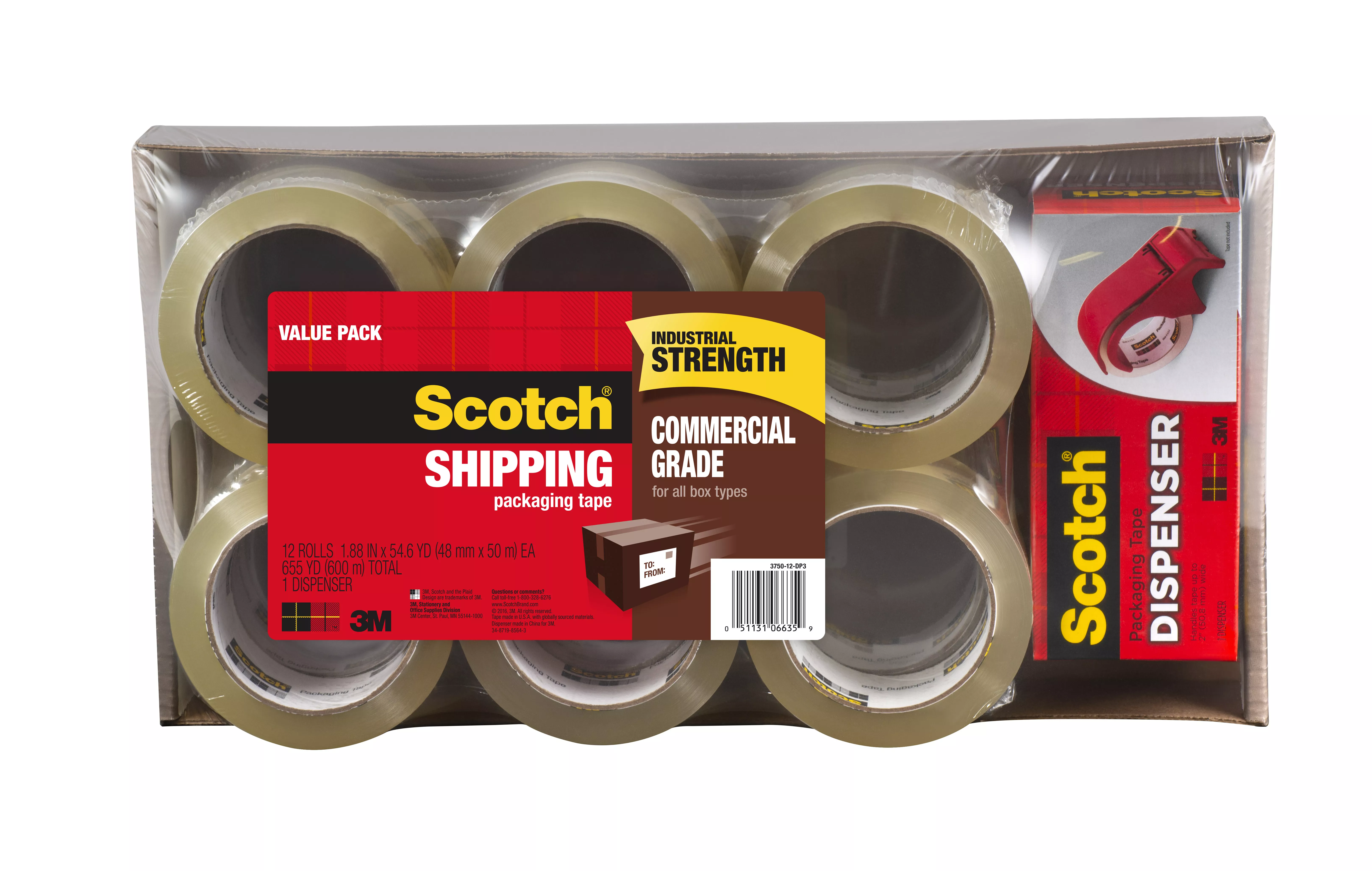 SKU 7010369599 | Scotch® Commercial Grade Shipping Packaging Tape 3750-12-DP3