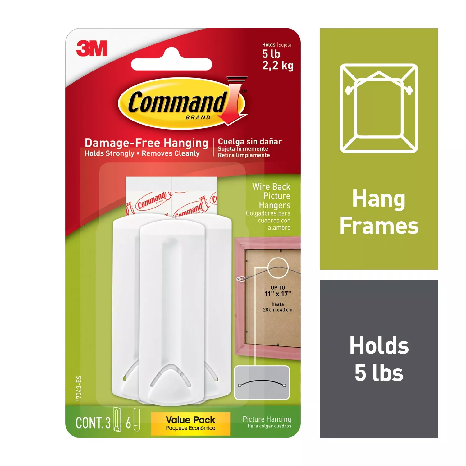 Command™ Wire Back Picture Hangers Value Pack 17043-ES, 3 hangers, 6 strips