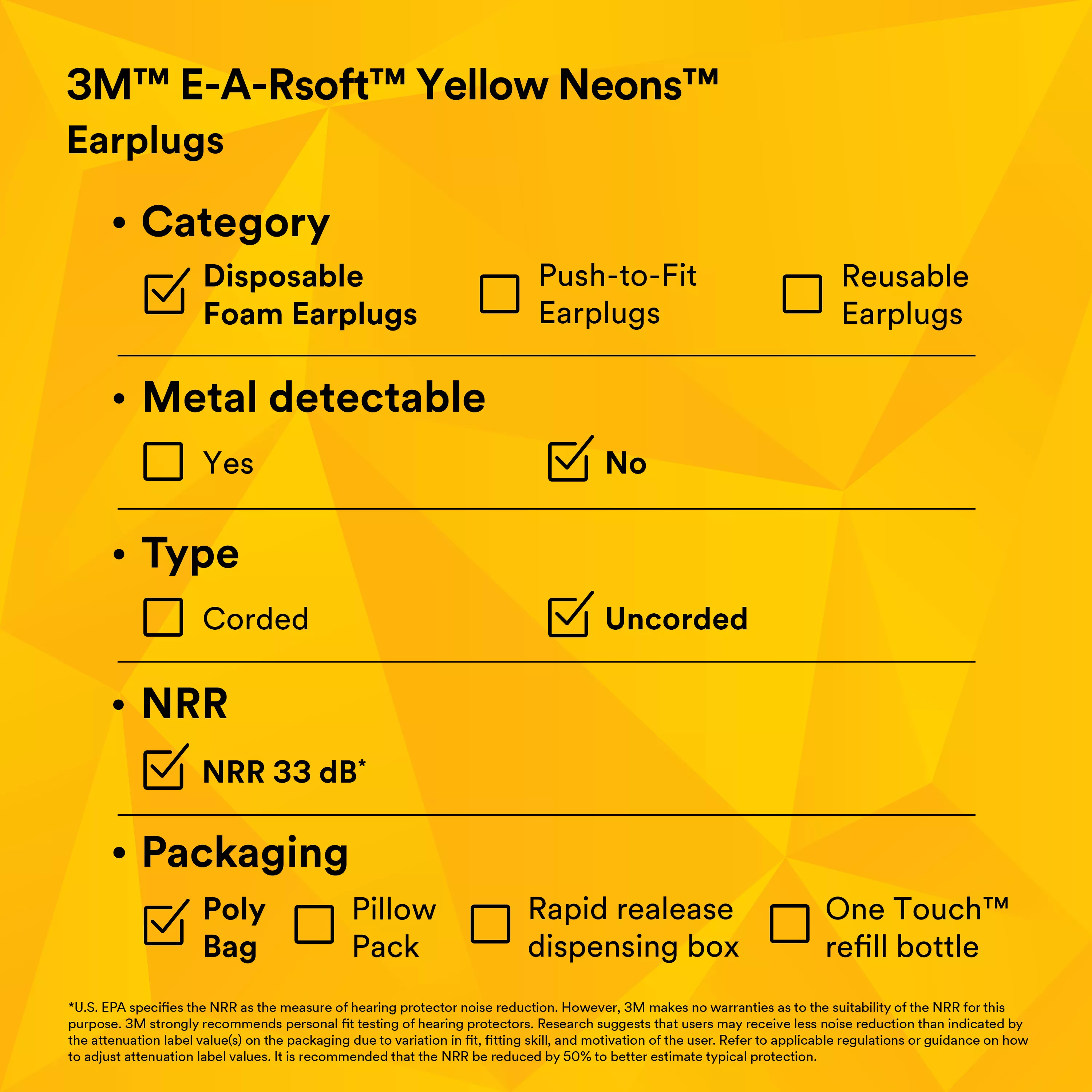 SKU 7000127175 | 3M™ E-A-Rsoft™ Yellow Neons™ Earplugs 312-1251