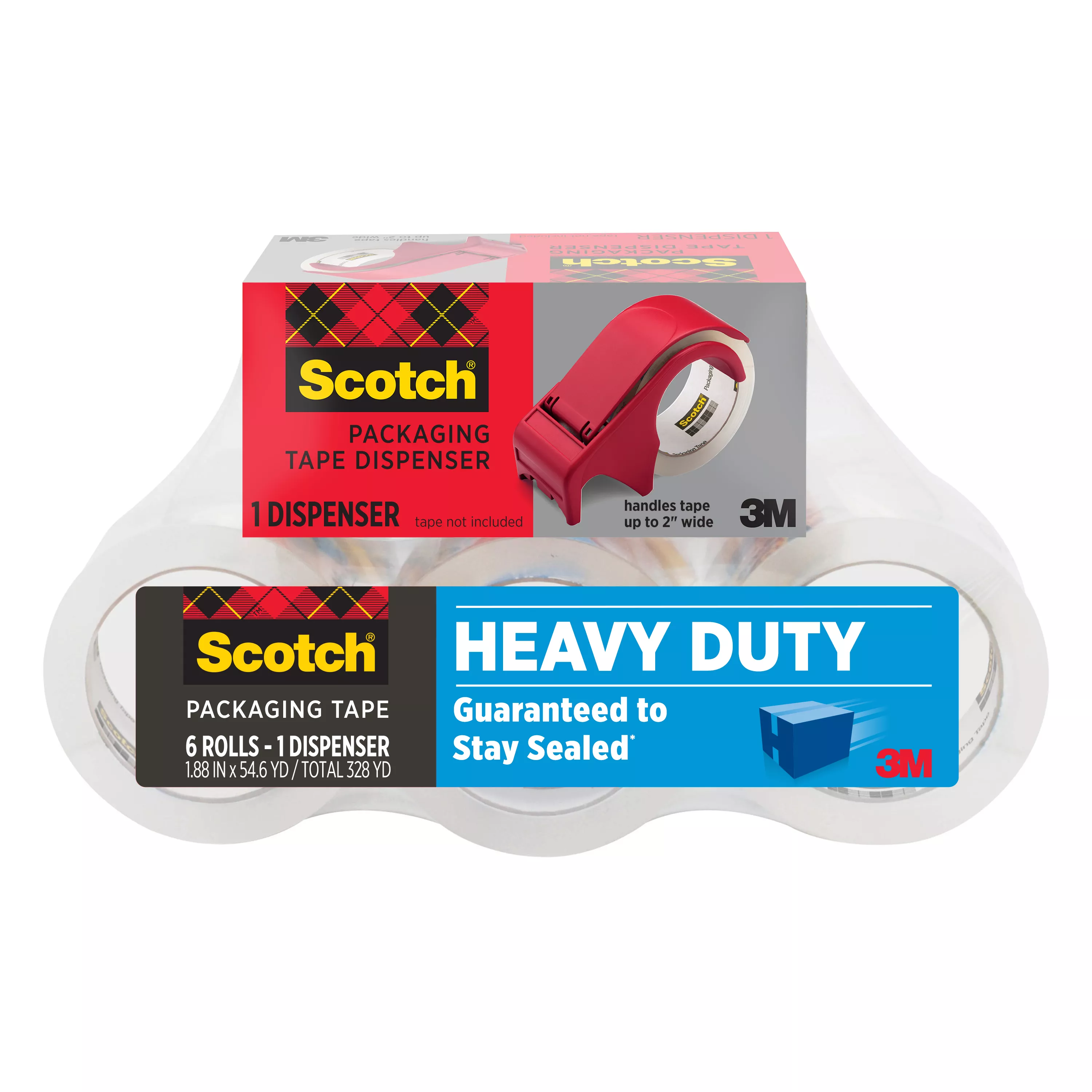 Scotch® Heavy Duty Shipping Packaging Tape, 3850-6-DP3, 1.88 in x 54.6
yd (48 mm x 50 m), 6 rolls of 3850 plus 1 DP-300 dispenser