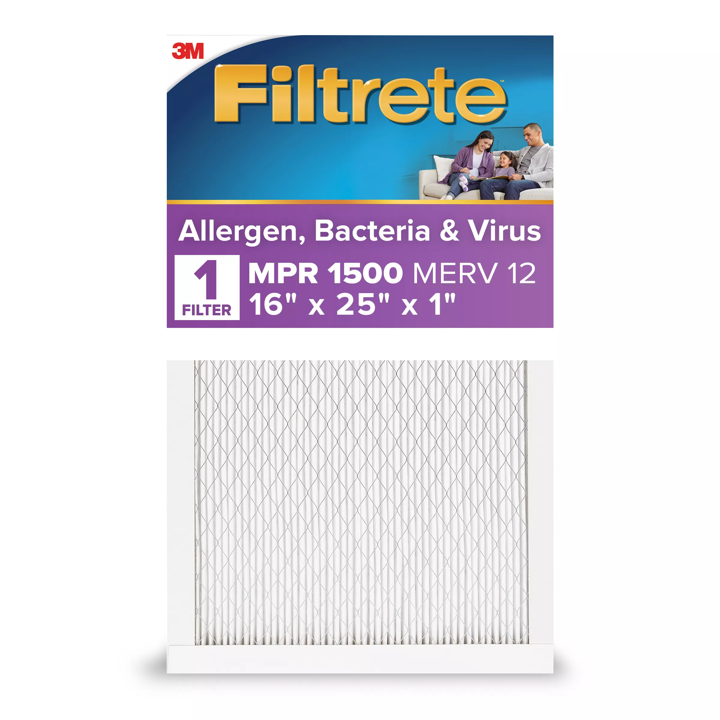 Filtrete™ Allergen, Bacteria & Virus Air Filter, 1500 MPR, 2001-4-HR, 16
in x 25 in x 1 in (40,6 cm x 63,5 cm x 2,5 cm)