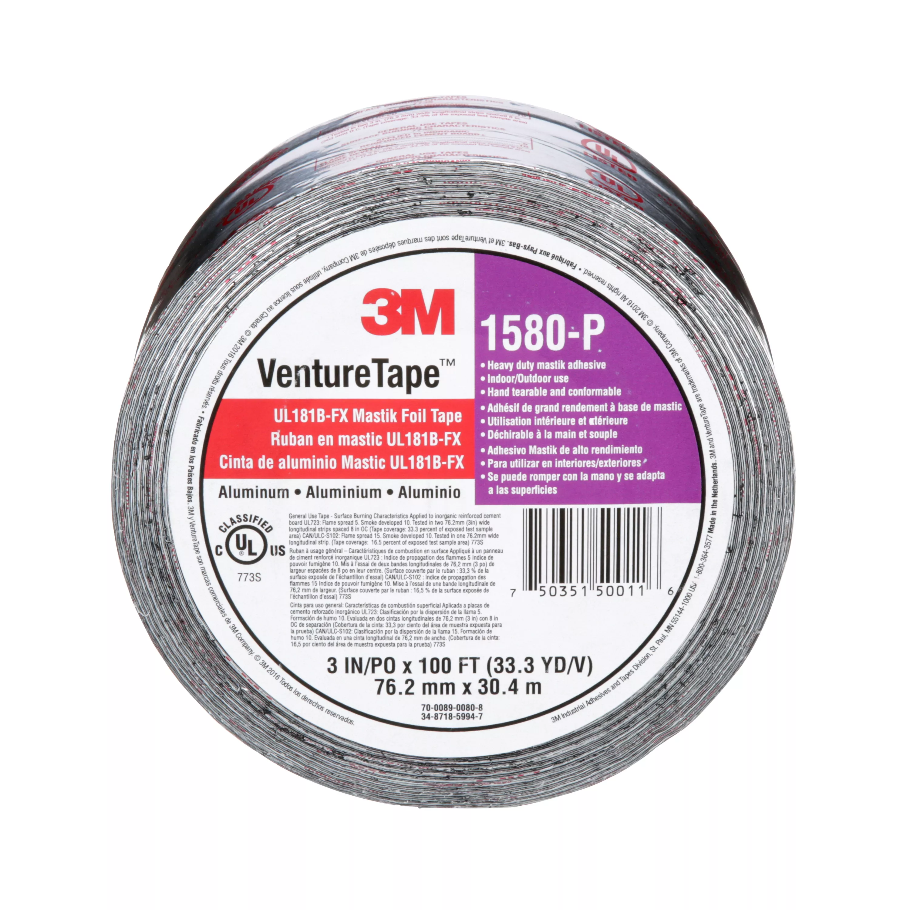 3M™ Venture Tape™ UL181B-FX Mastik Foil Tape 1580-P, Silver, 3 in x 100 ft, 16 Rolls/Case