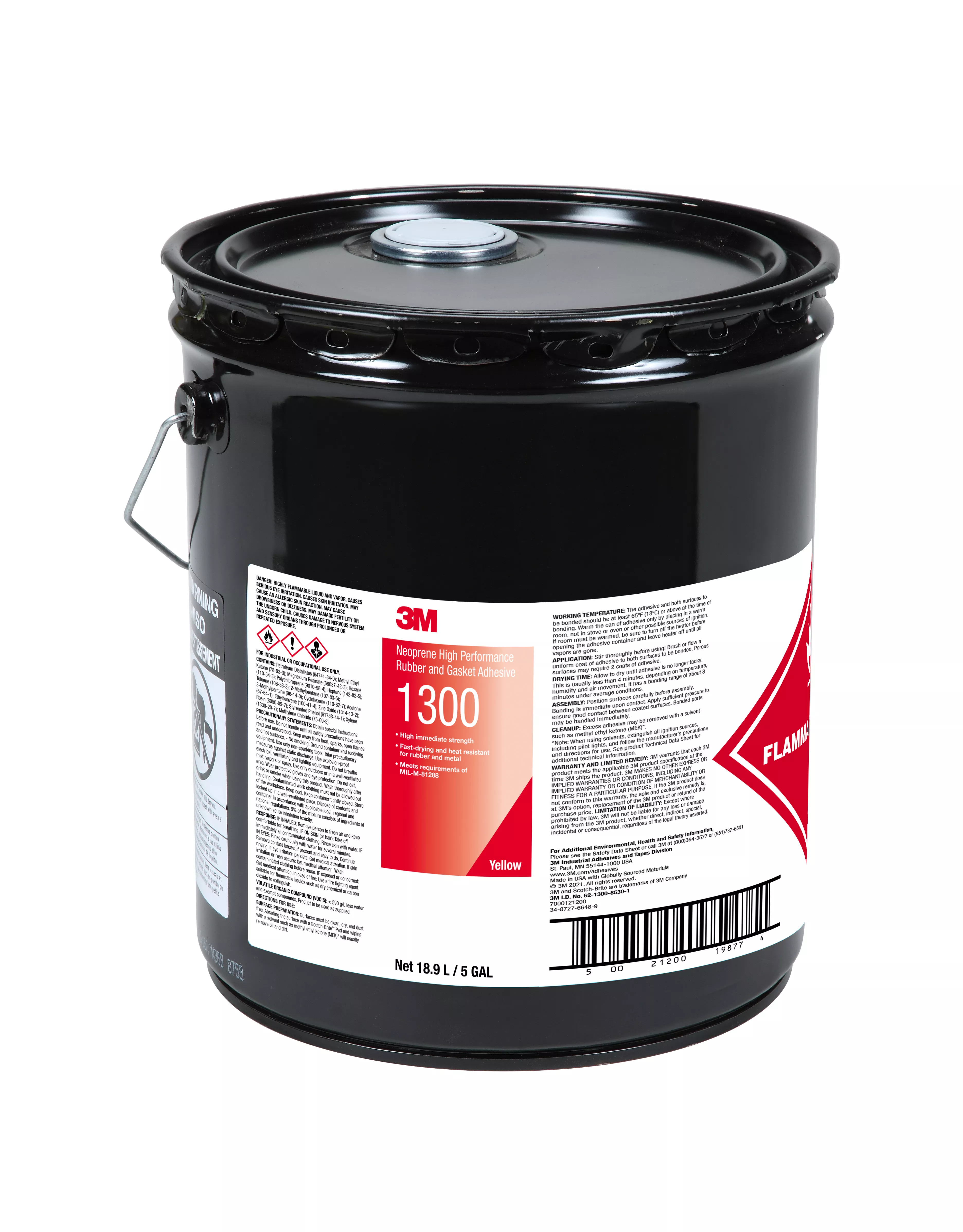 3M™ Neoprene High Performance Rubber and Gasket Adhesive 1300, Yellow, 5 Gallon (Pail), 1 Can/Drum