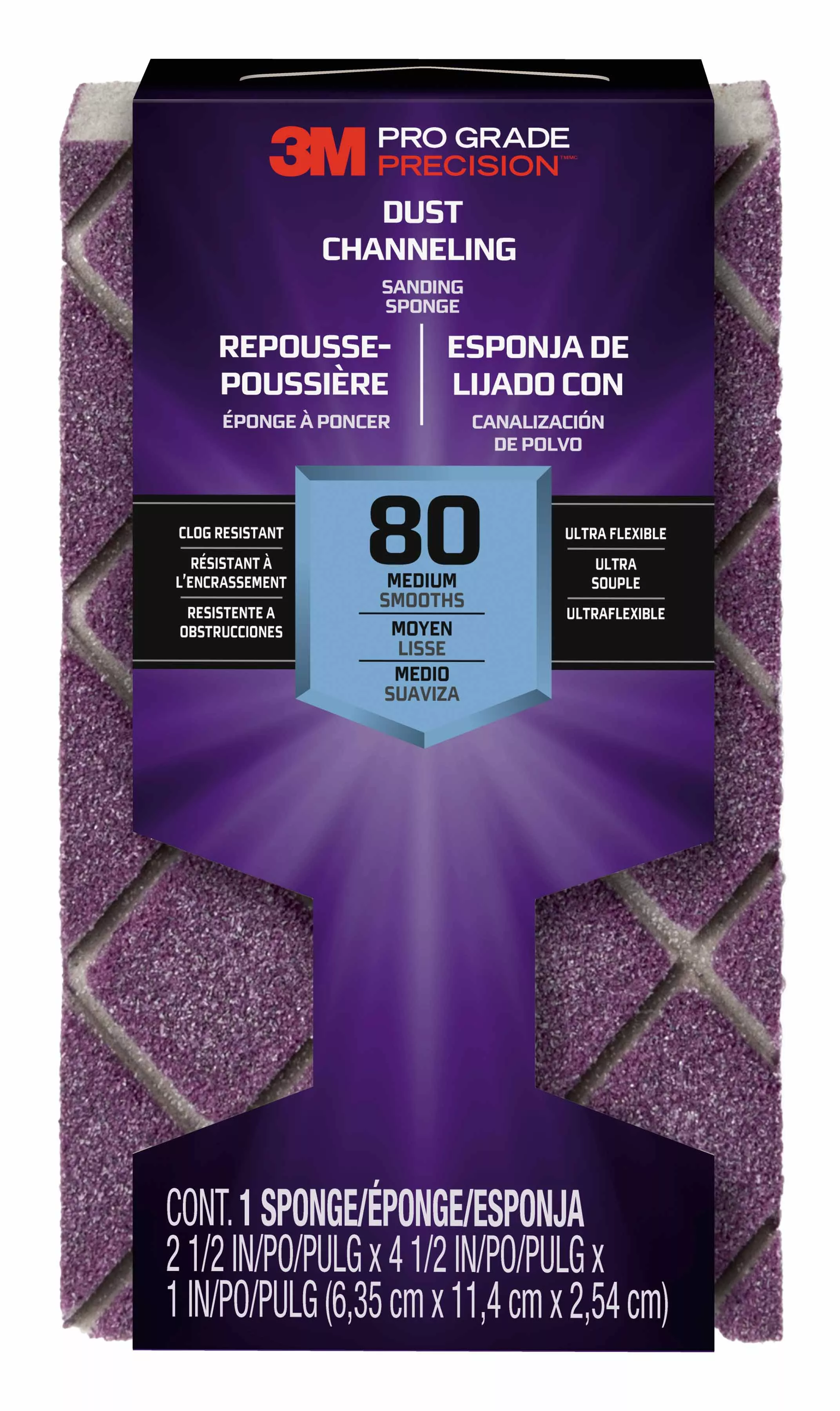 3M™ Pro Grade Precision™ Dust Channeling Block Sanding Sponge 80 grit Medium, 2501TRI-80M-CH, 4.5 x 2.5 x 1in, 12/cs