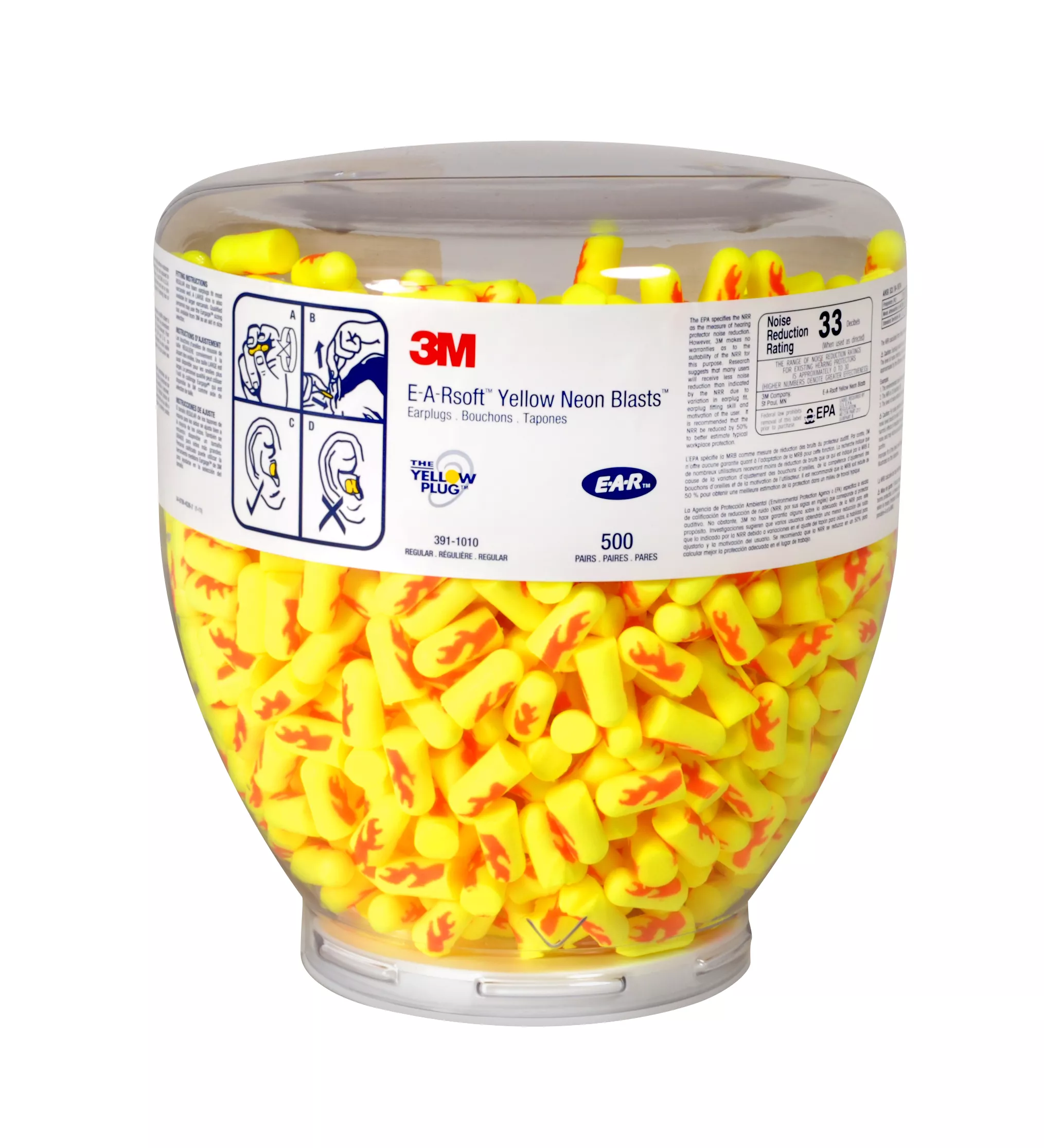 3M™ E-A-Rsoft™ Yellow Neon Blasts™ One Touch™ Dispenser Refill 391-1010, Regular Size, 2000 Pair/Case