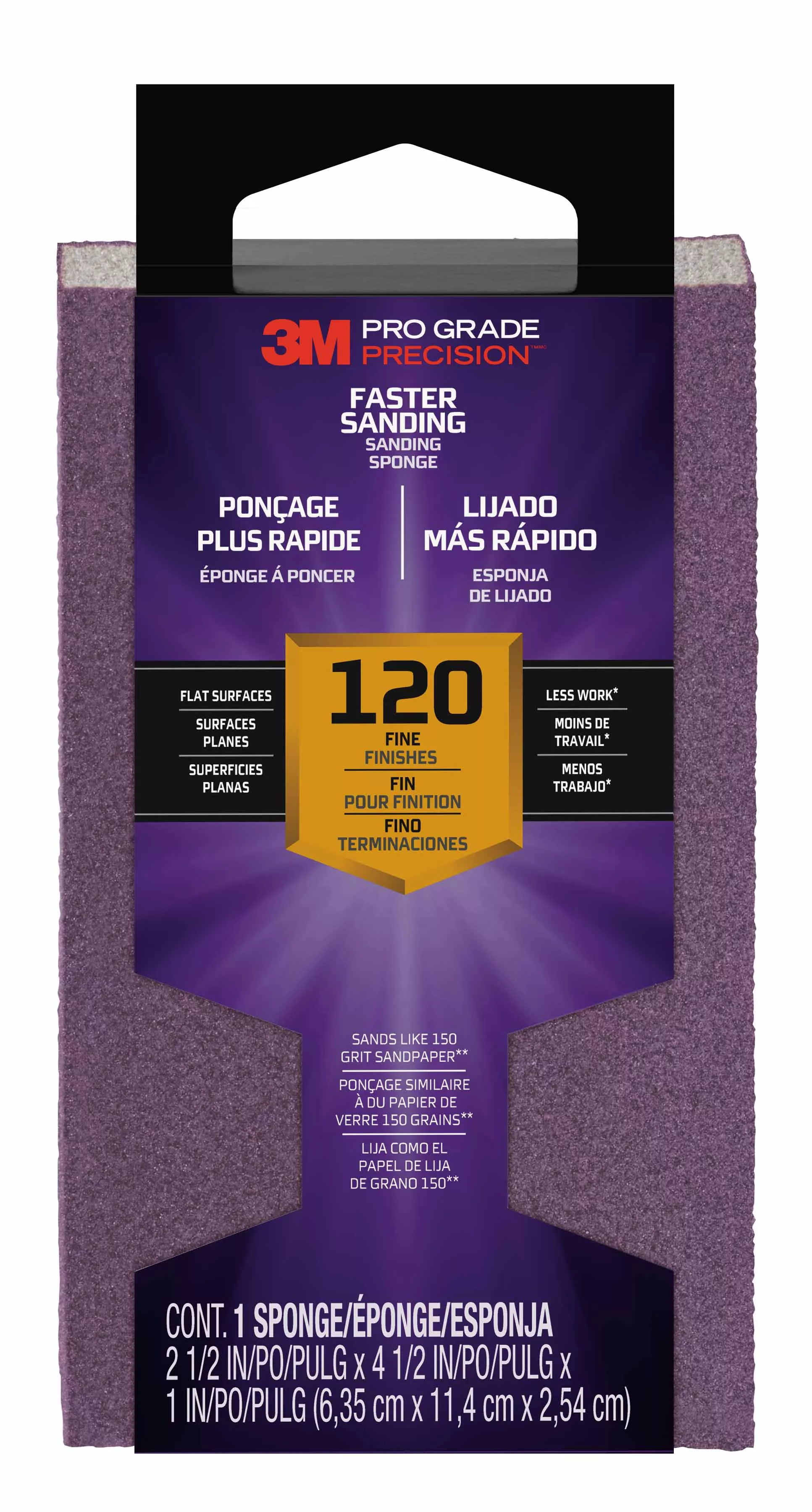 3M™ Pro Grade Precision™ Faster Sanding Block Sponge, 24001TRI-F-B, 2.5 in x 4.5 in x 1 in, 120 grit, Fine, 12/cs