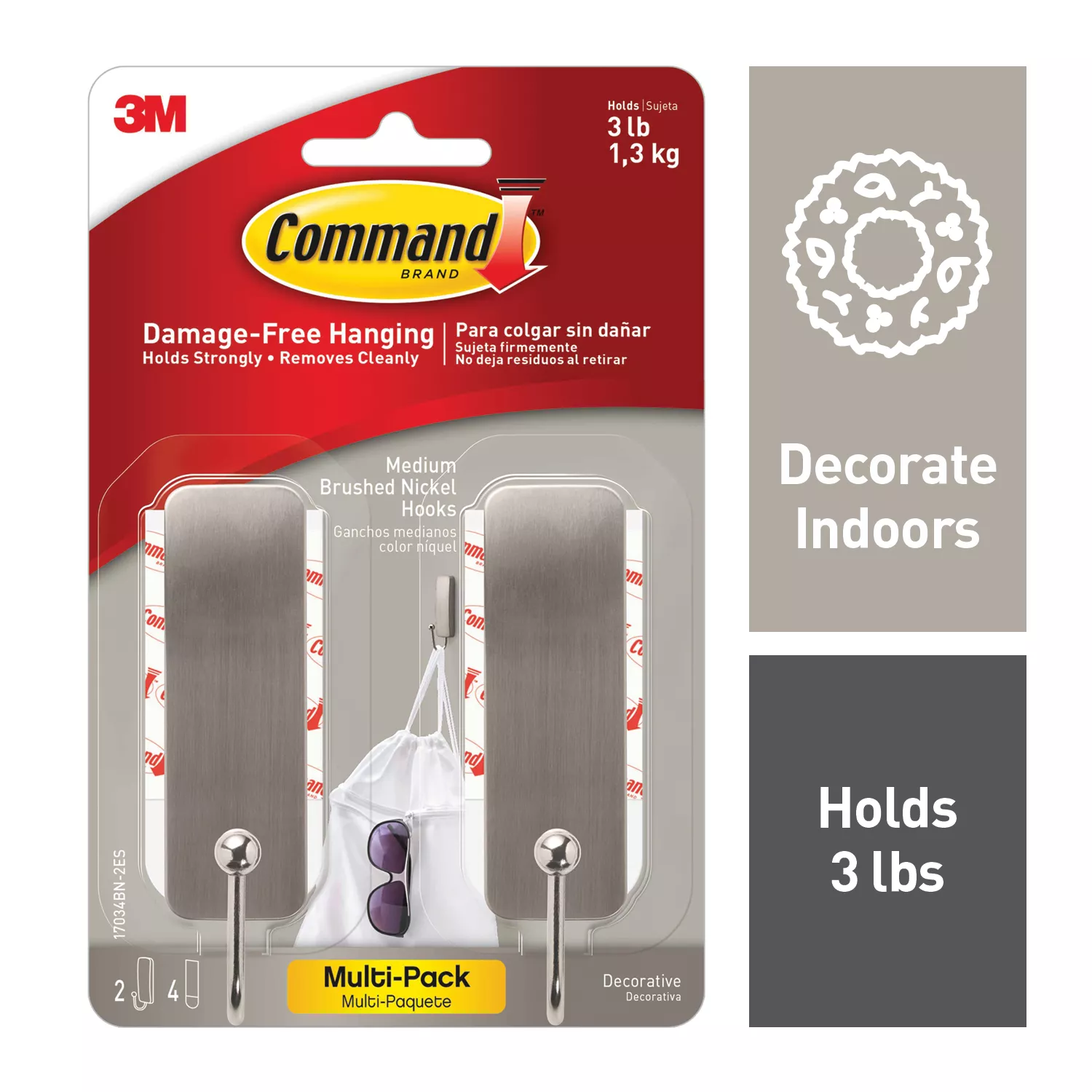 Command™ Medium Brushed Nickel Hooks, 2 Hooks, 4 Strips, 17034BN-2ES