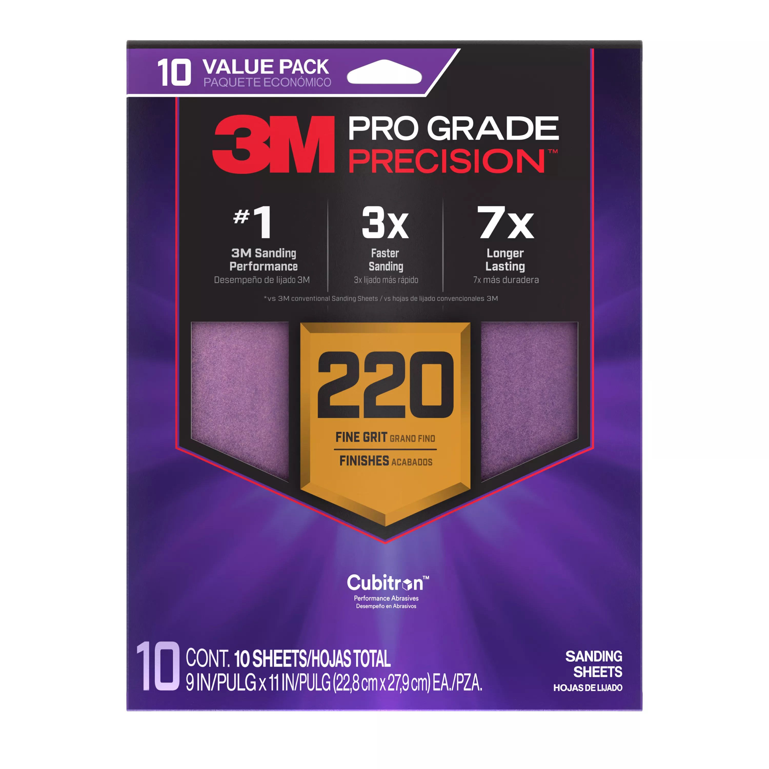 3M™ Pro Grade Precision™ Faster Sanding Sheets w/ NO-SLIP GRIP™ Backing SHR220-PGP-10T, 9 in x 11 in, 220 Gr, 10 Sht/Pk