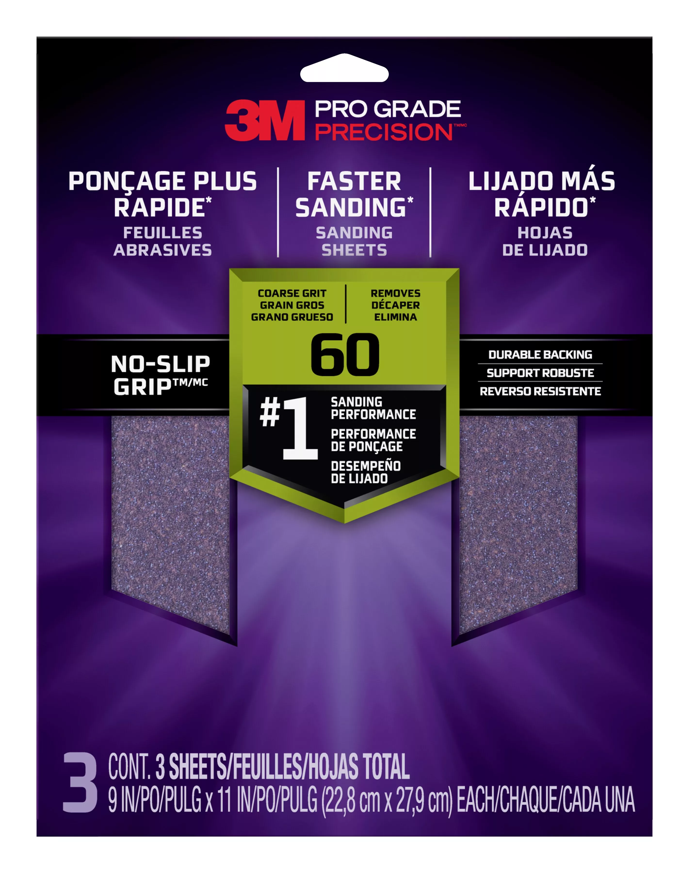 3M™ Pro Grade Precision™ Faster Sanding Sanding Sheets 60 grit Coarse,
26060TRI-3, 9 in x 11 in, 3/pk