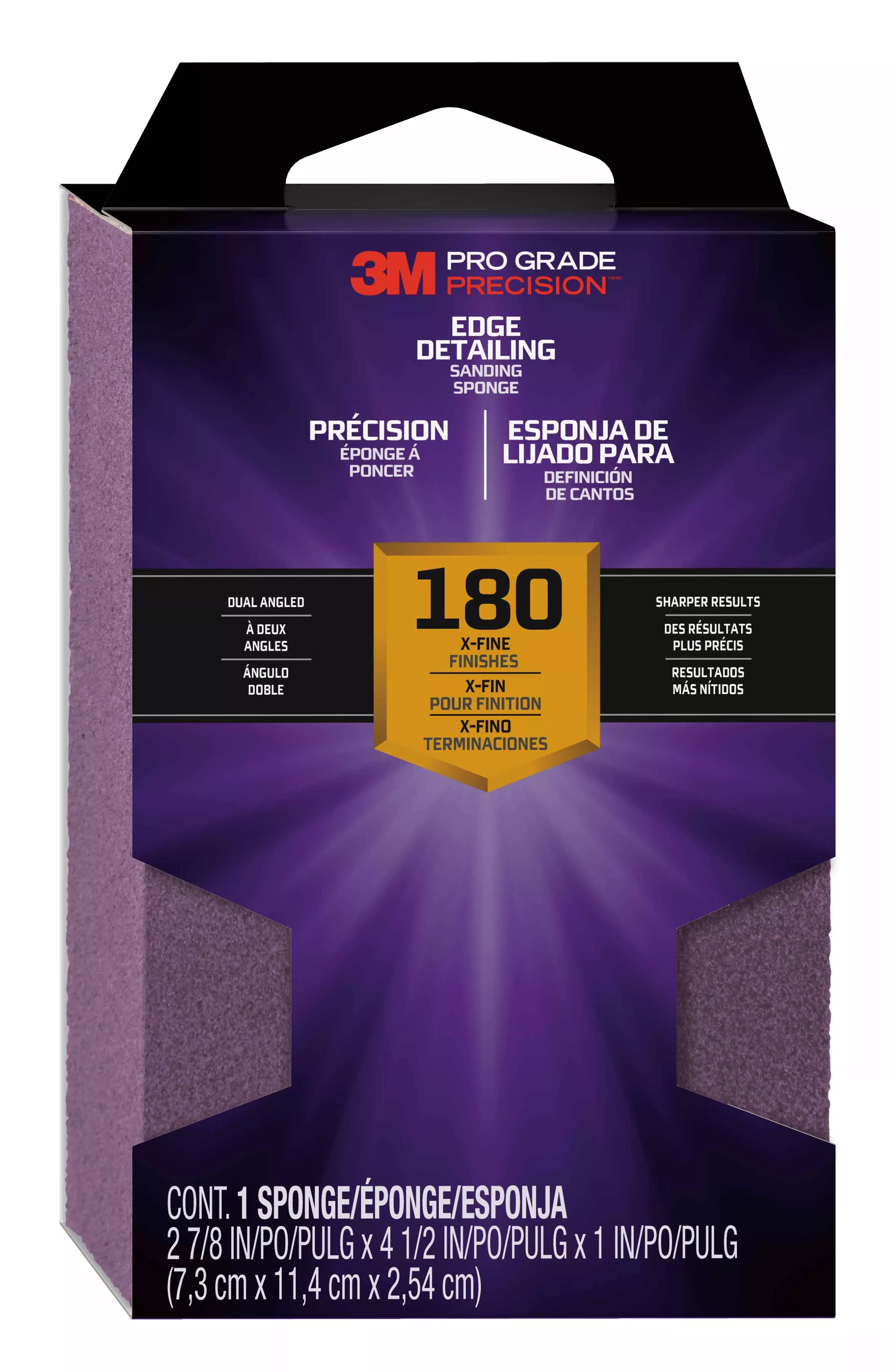 3M™ Pro Grade Precision™ Edge Detailing Dual Angle Sanding Sponge, 24302TRIP-XFDA, 2 7/8 in x 4.5 in x 1 in, X-Fine, 12/cs