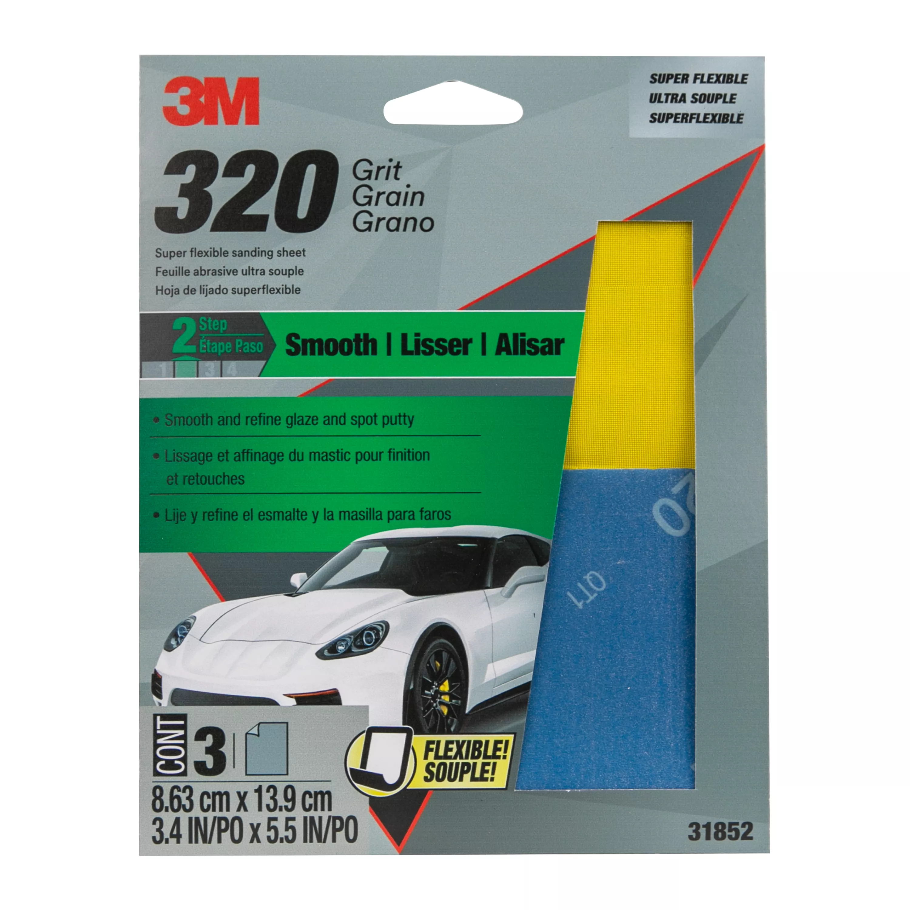 3M™ Super Flexible Sanding Sheets, 31852, 320 Grit, 3 pack, 20 packs per case